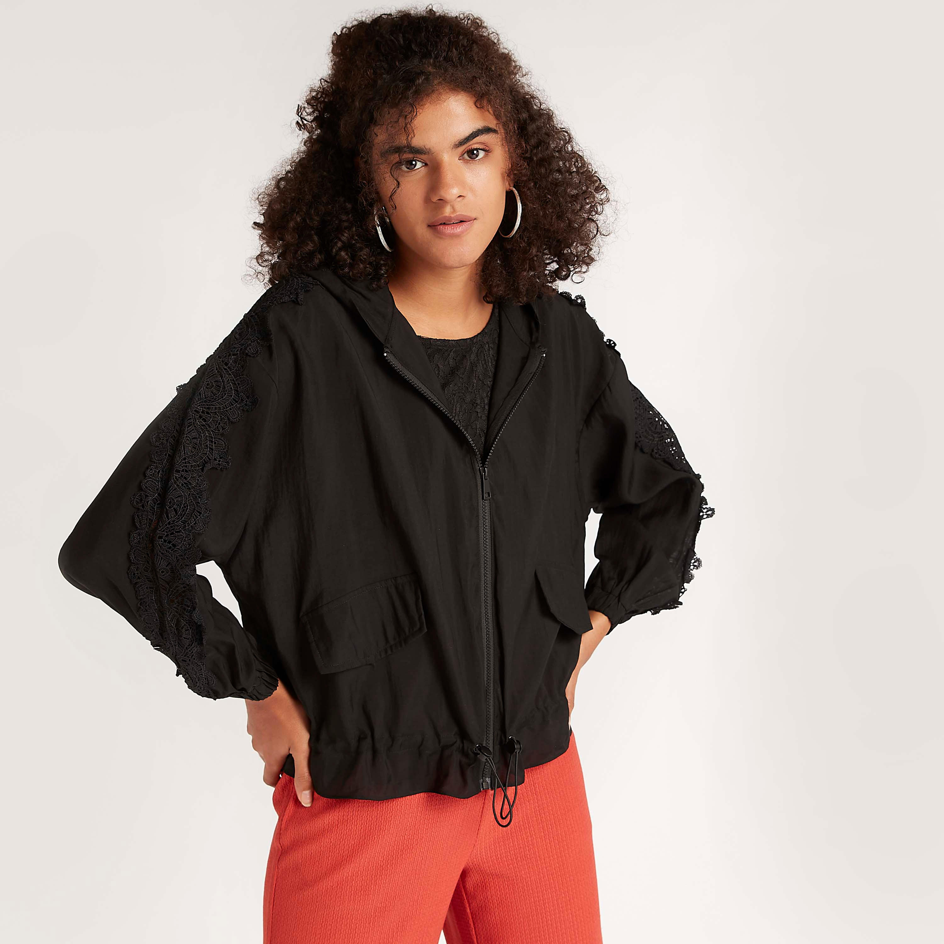 Solid Zip Through Hooded Jacket with Long Sleeves and Lace Trim-women-winterwear-coatsandjackets-jackets-image-1