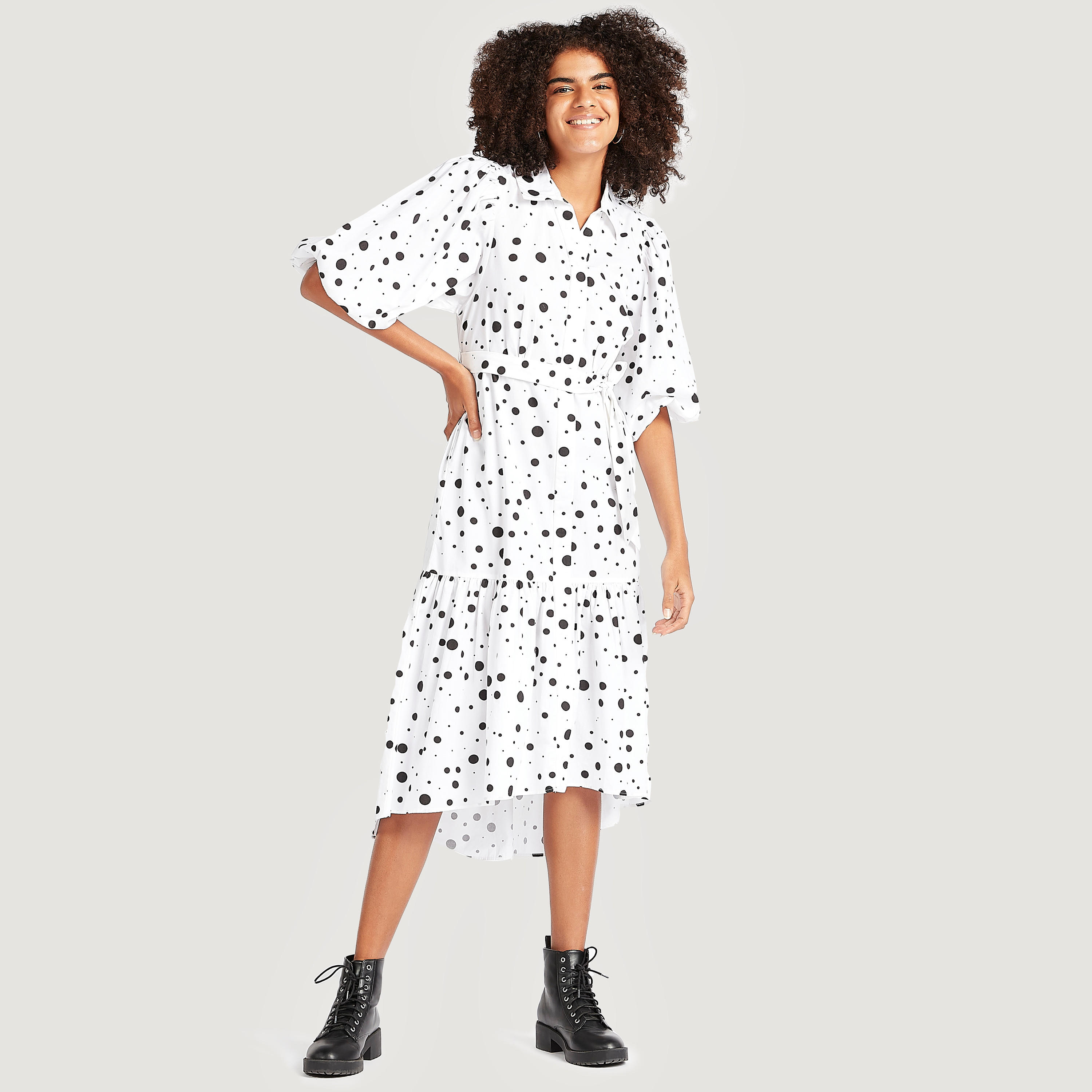 فستان ميدي إيه لاين بطبعات وأكمام قصيرة وحزام ربط-women-clothing-dresses-image-2