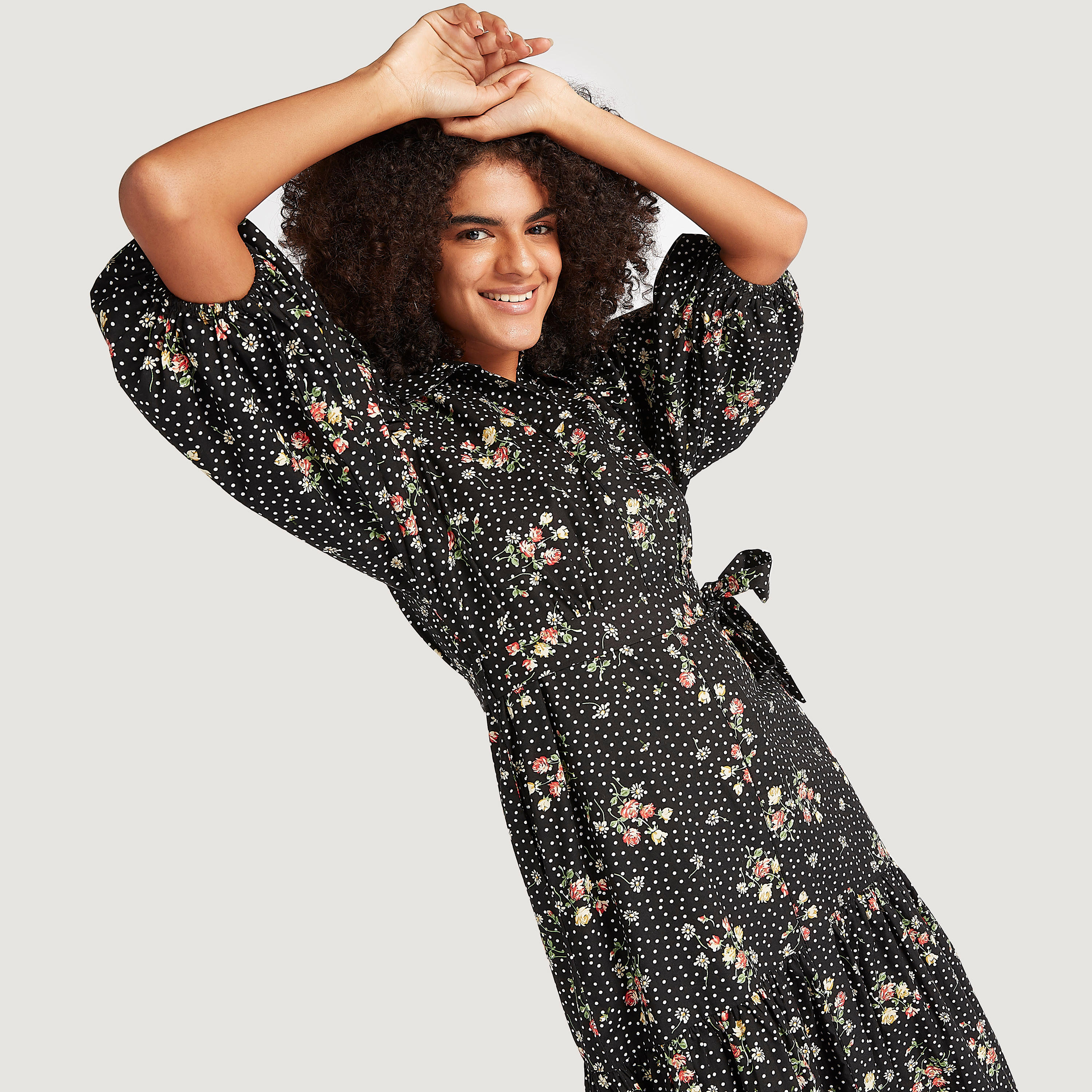 فستان إيه لاين ميدي بطبعات أزهار وأكمام قصيرة وحزام رباط-women-clothing-dresses-image-1
