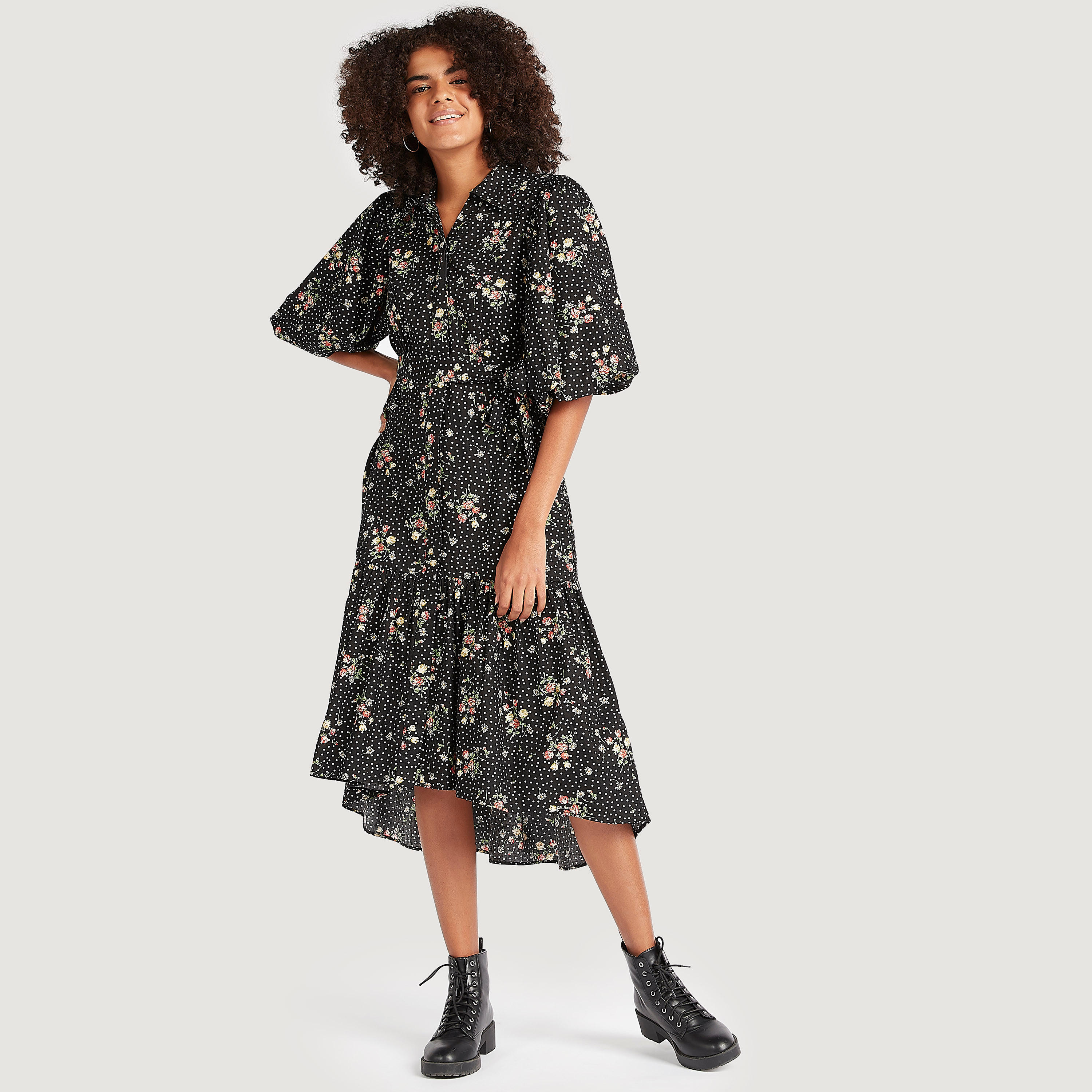 فستان إيه لاين ميدي بطبعات أزهار وأكمام قصيرة وحزام رباط-women-clothing-dresses-image-2