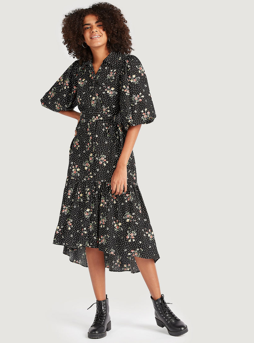 فستان إيه لاين ميدي بطبعات أزهار وأكمام قصيرة وحزام رباط-women-clothing-dresses-image-2