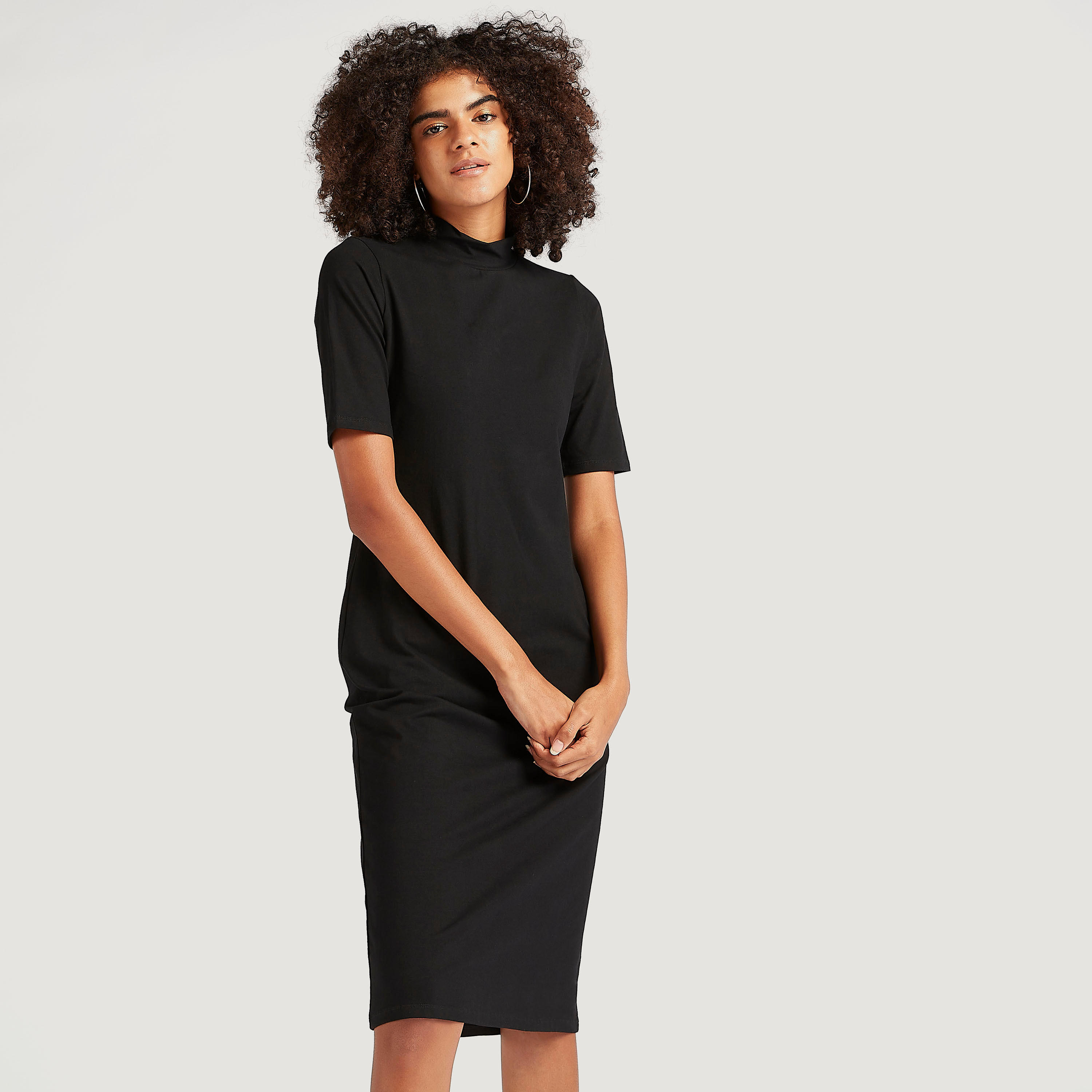 Solid Midi Bodycon Dress with Short Sleeves and Mock Neck-women-clothing-dresses-image-1