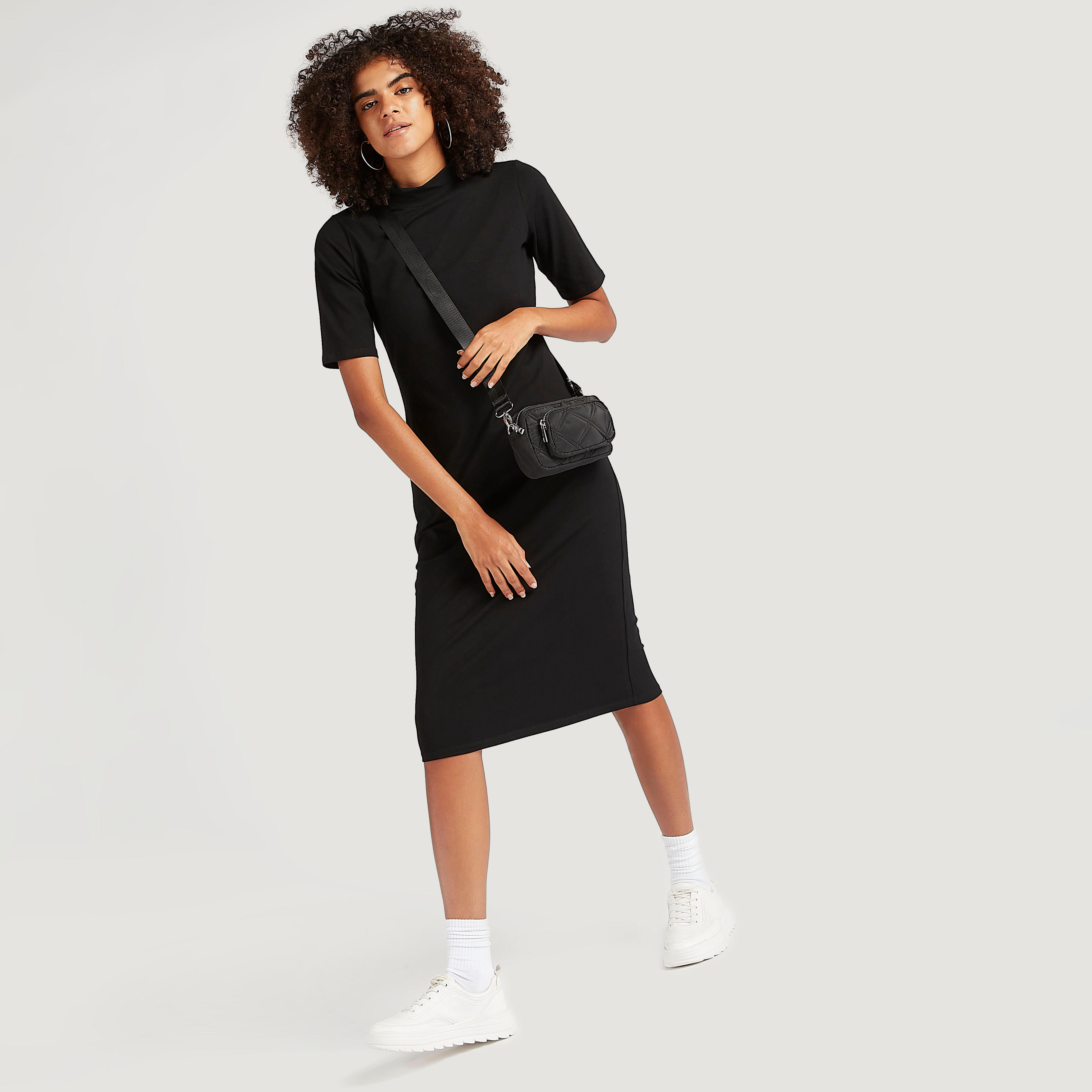 Solid Midi Bodycon Dress with Short Sleeves and Mock Neck-women-clothing-dresses-image-2