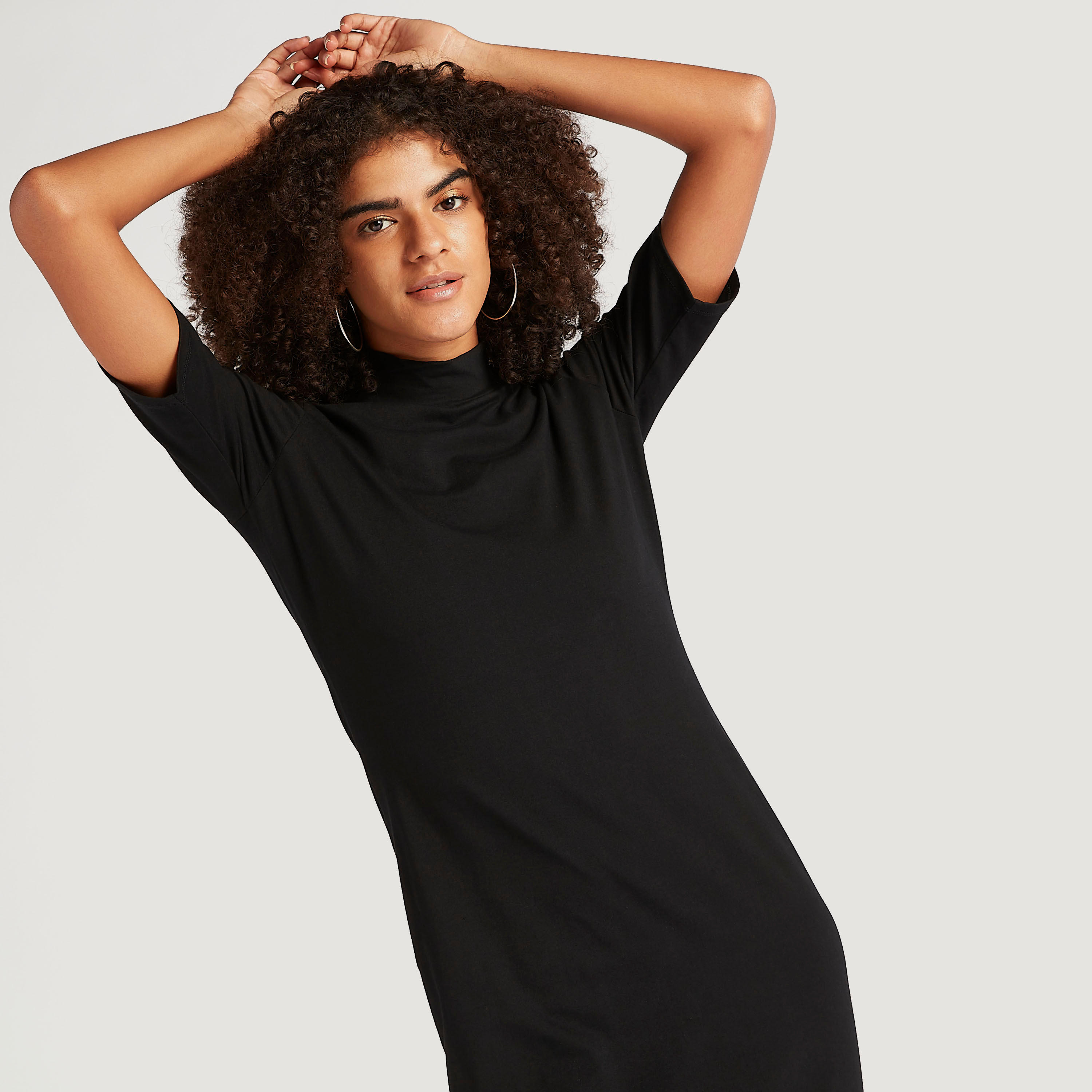 Solid Midi Bodycon Dress with Short Sleeves and Mock Neck-women-clothing-dresses-image-3