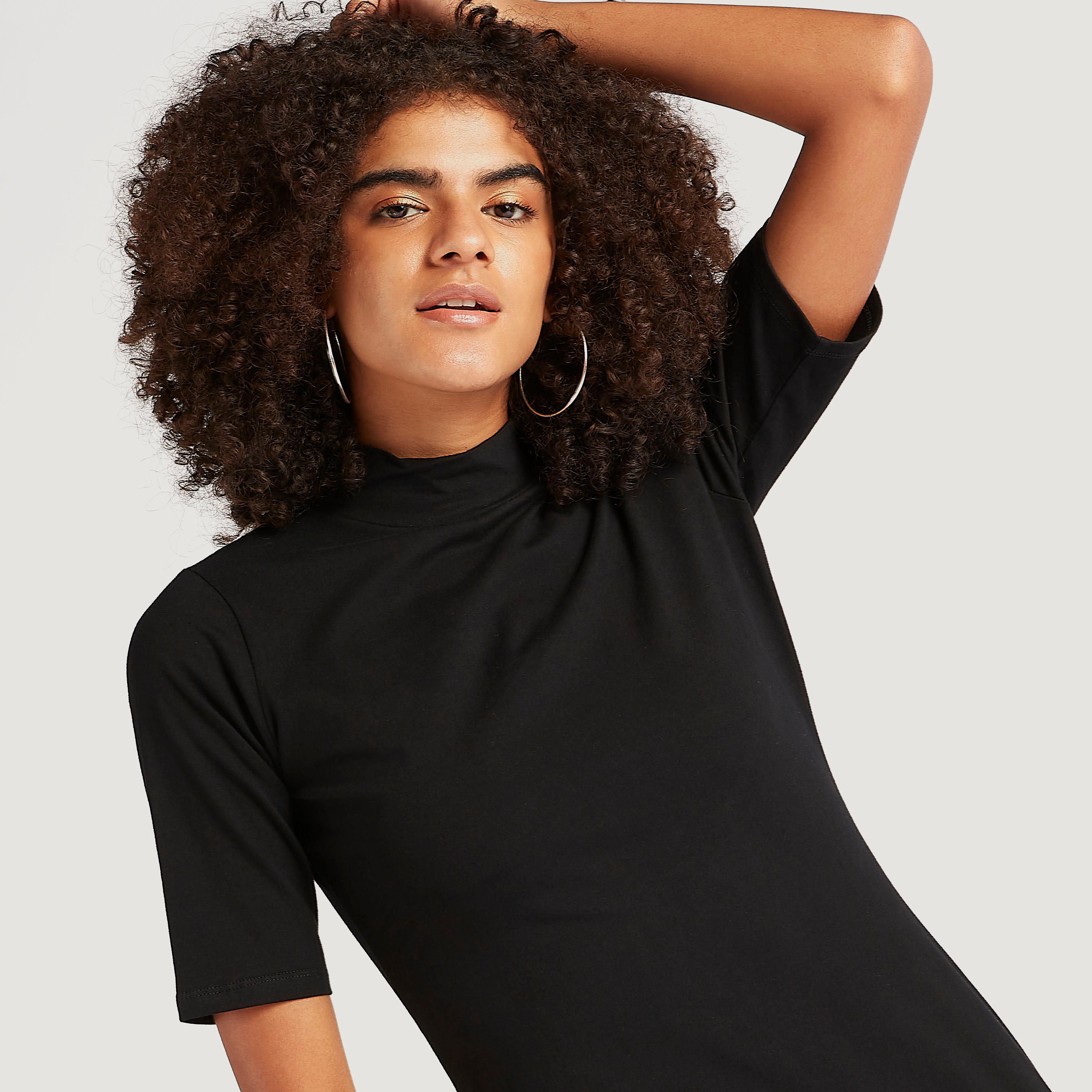 Solid Midi Bodycon Dress with Short Sleeves and Mock Neck-women-clothing-dresses-image-5