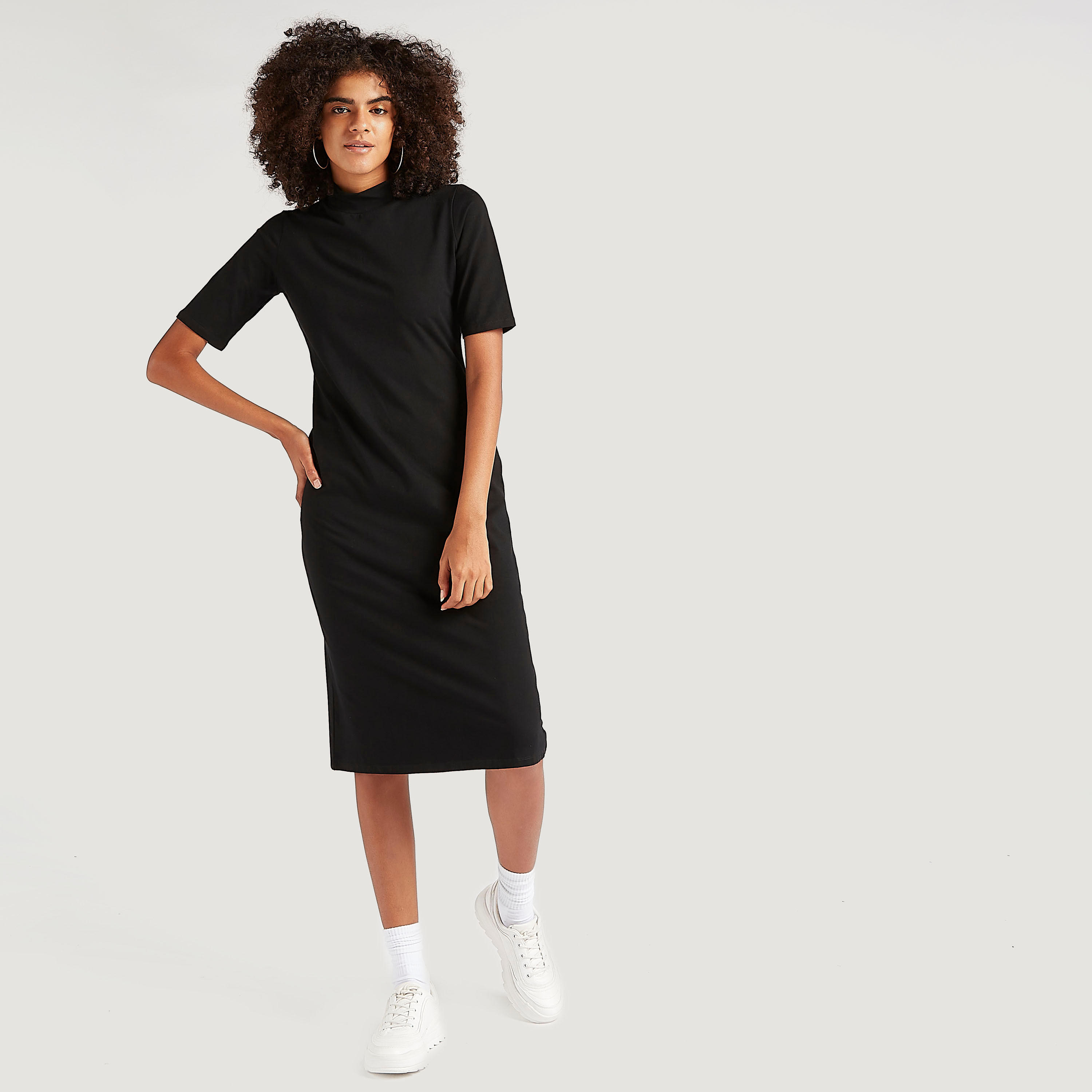 Solid Midi Bodycon Dress with Short Sleeves and Mock Neck-women-clothing-dresses-image-6