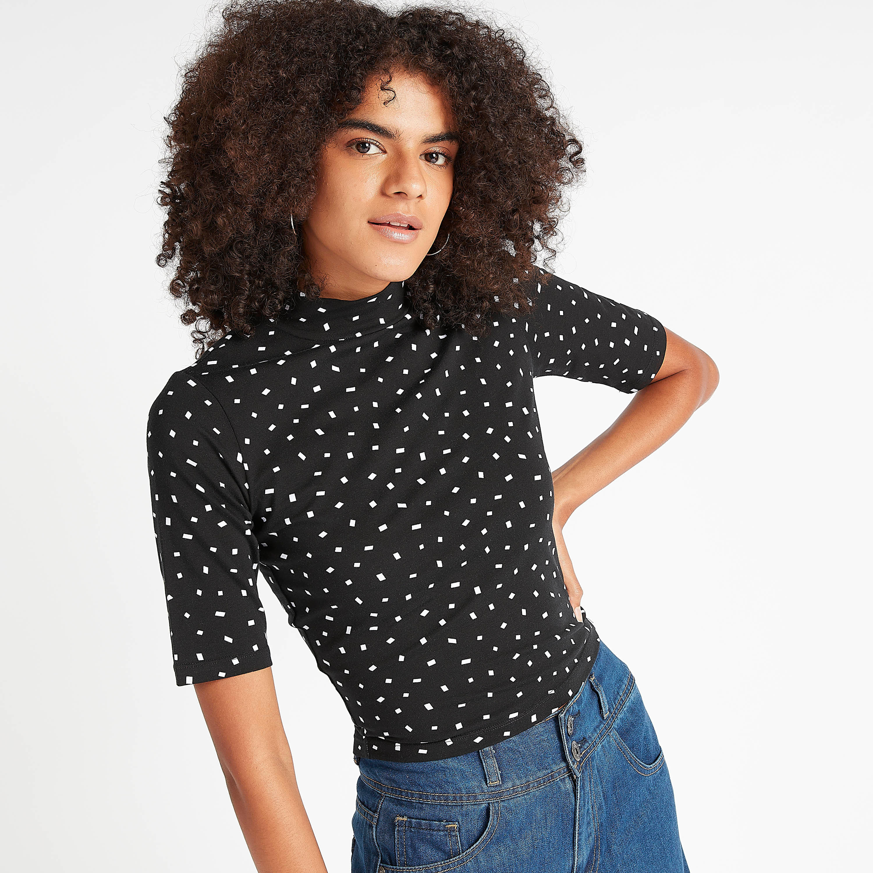 Printed Crop T-shirt with High Neck and Short Sleeves-women-clothing-tshirts-image-1