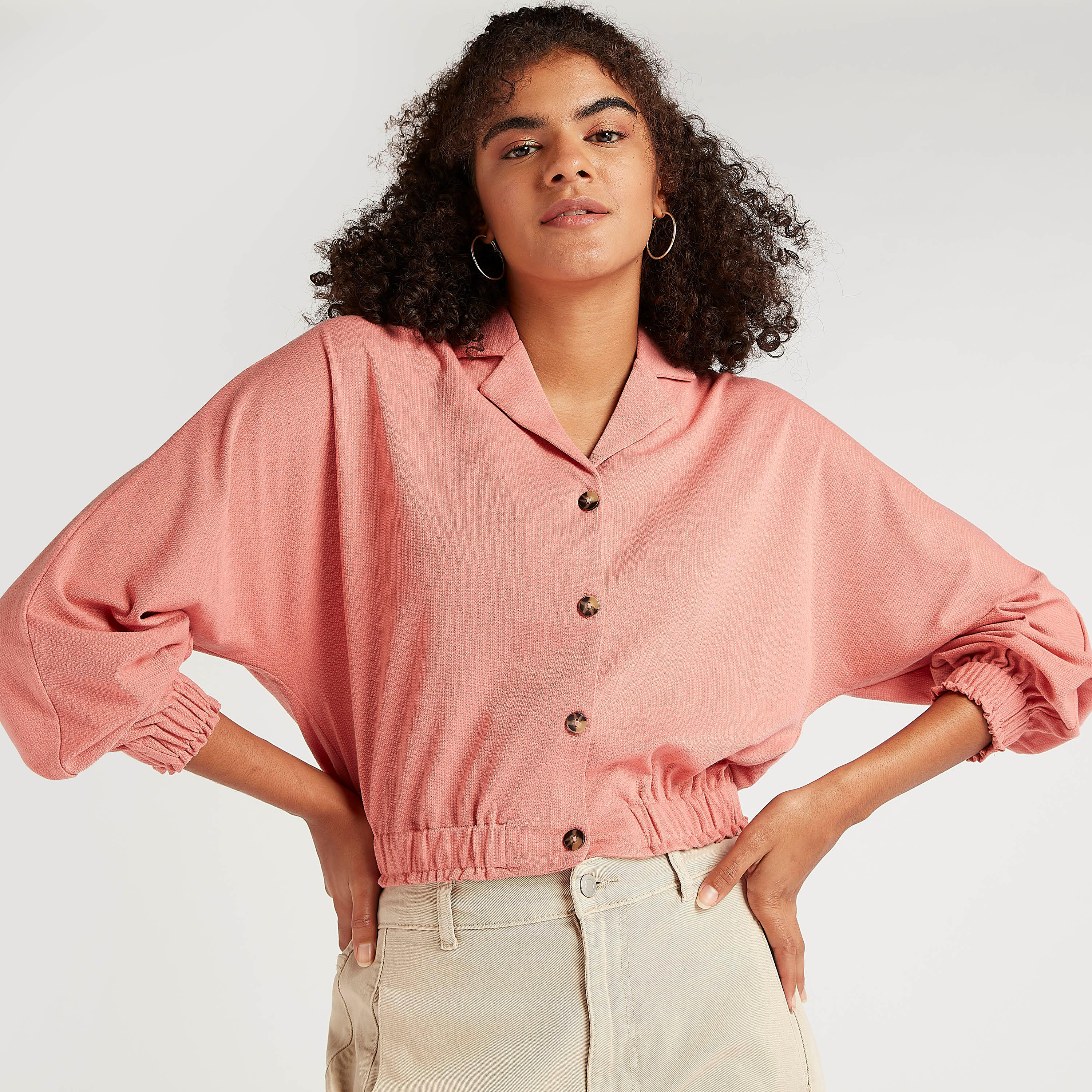Textured Top with Long Sleeves and Collar-women-clothing-shirtsandblouses-blouses-image-1