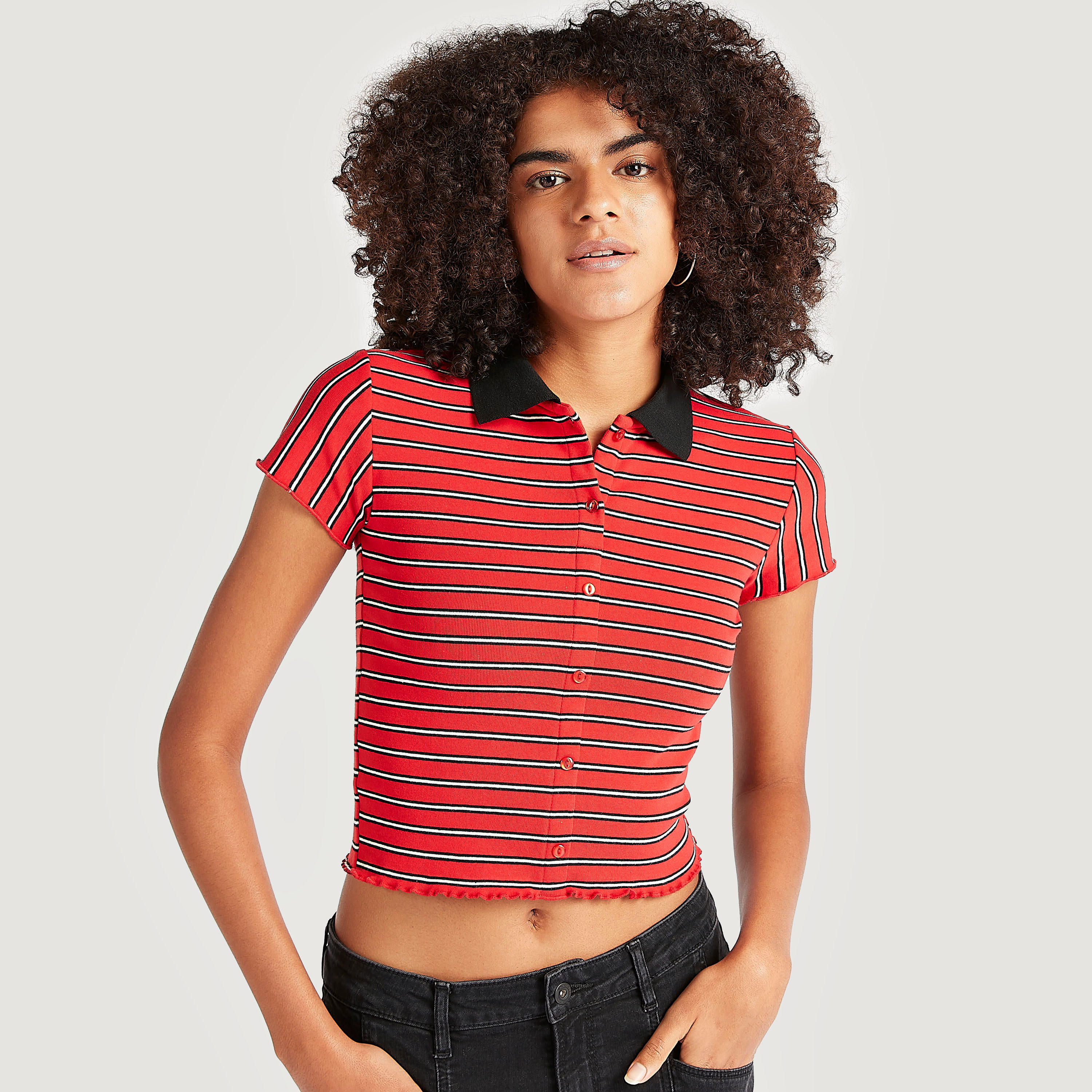Striped Crop T-shirt with Cap Sleeves and Collar-women-clothing-tshirts-image-1