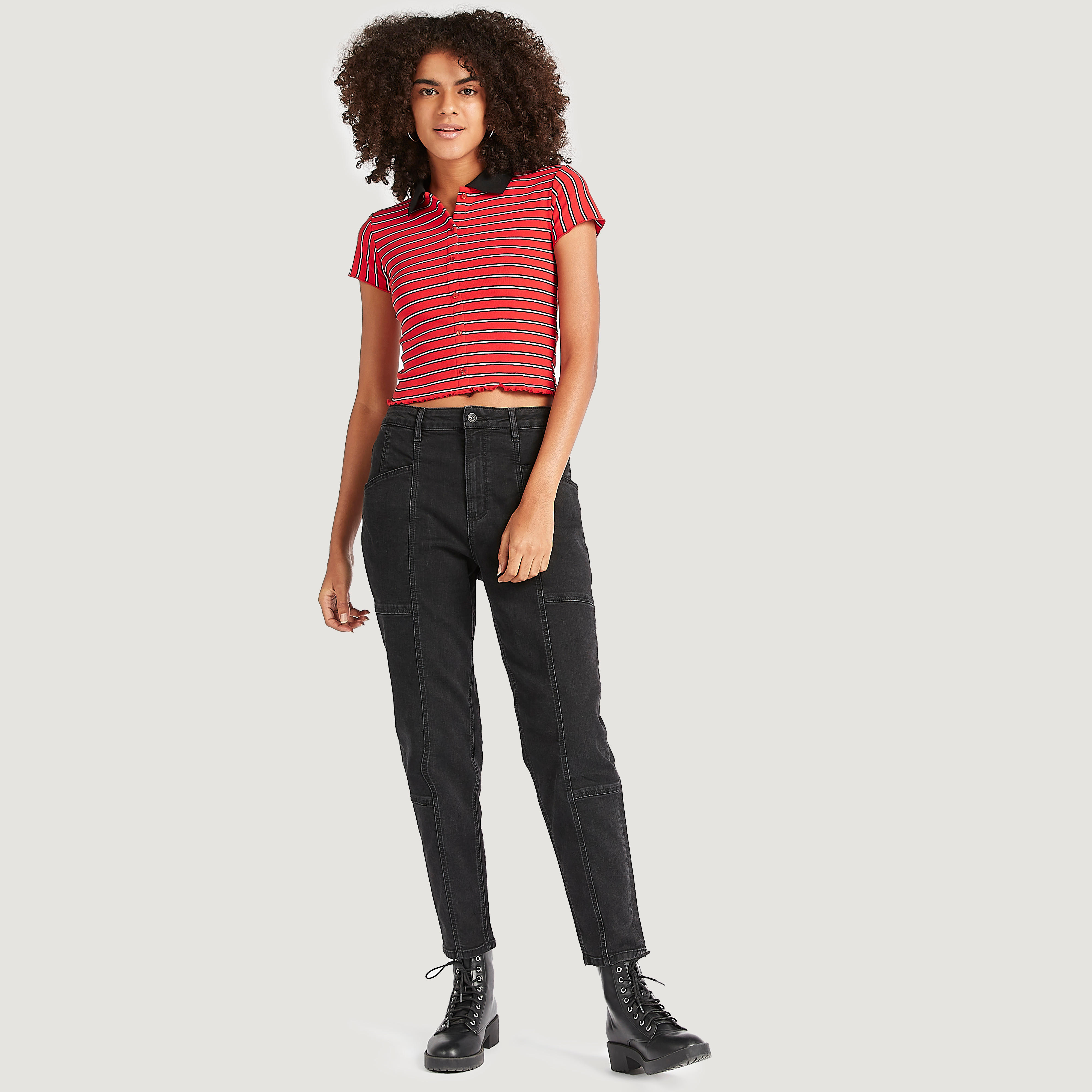 Striped Crop T-shirt with Cap Sleeves and Collar-women-clothing-tshirts-image-2