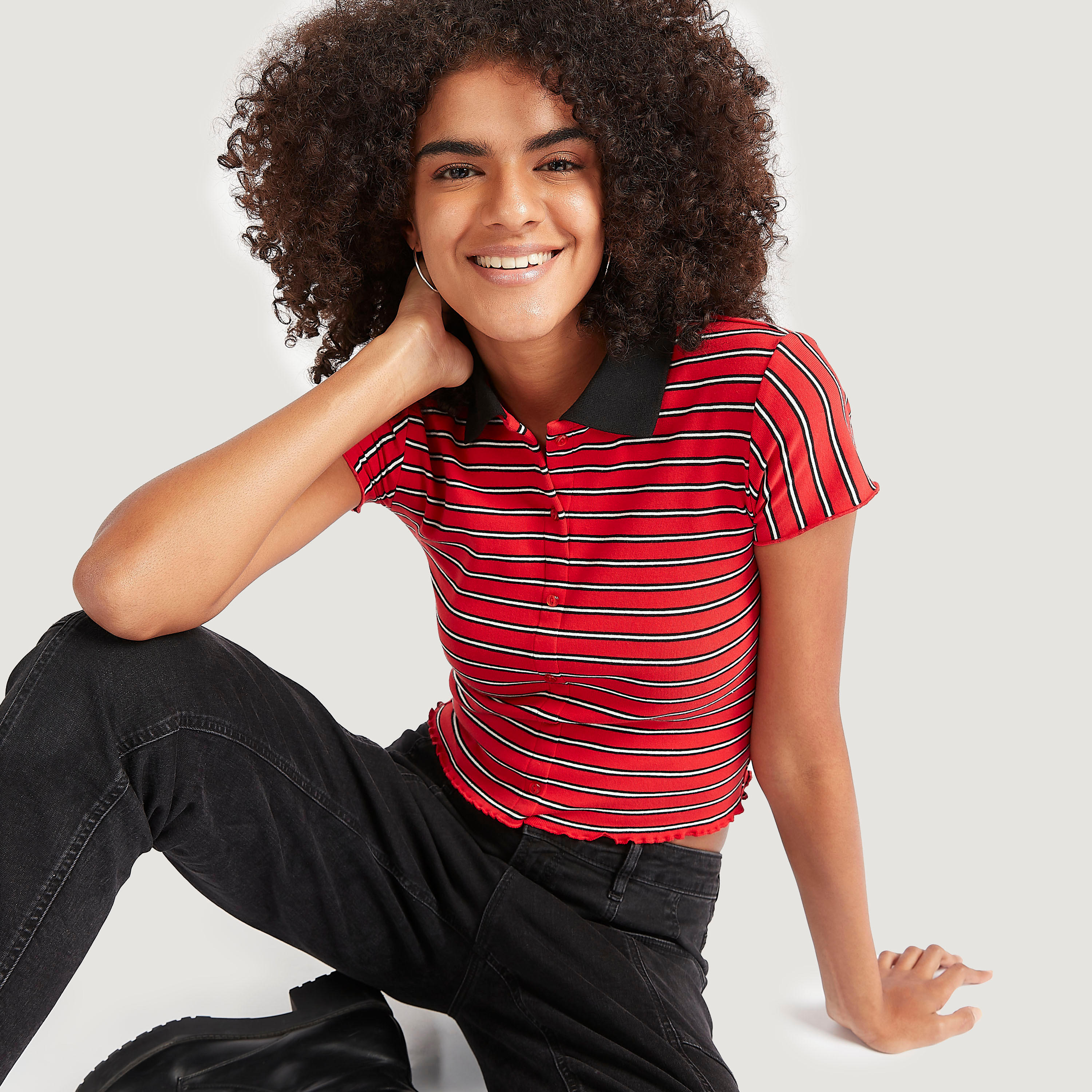Striped Crop T-shirt with Cap Sleeves and Collar-women-clothing-tshirts-image-4