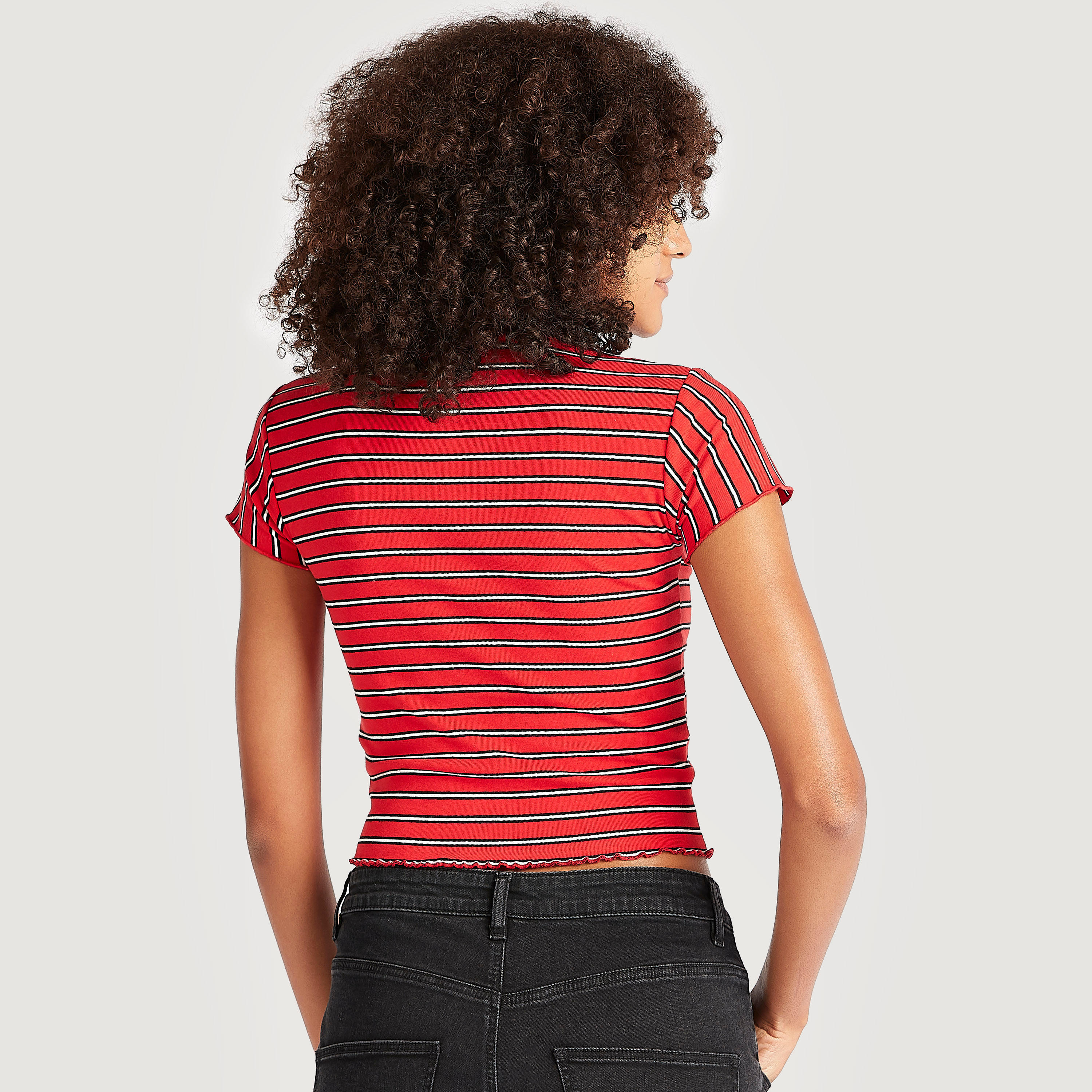 Striped Crop T-shirt with Cap Sleeves and Collar-women-clothing-tshirts-image-5