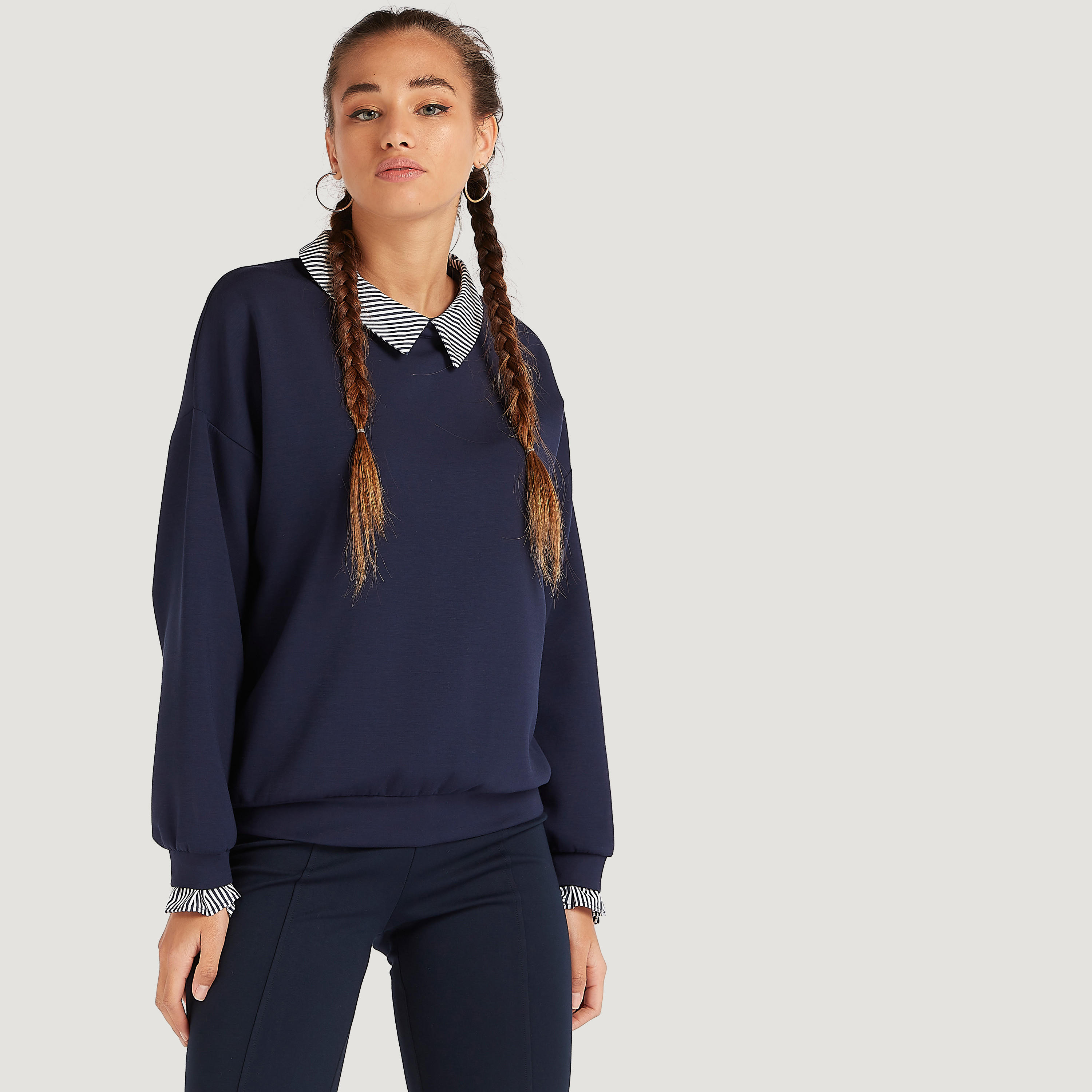 Solid Top with Striped Collar and Long Sleeves-women-clothing-shirtsandblouses-blouses-image-1