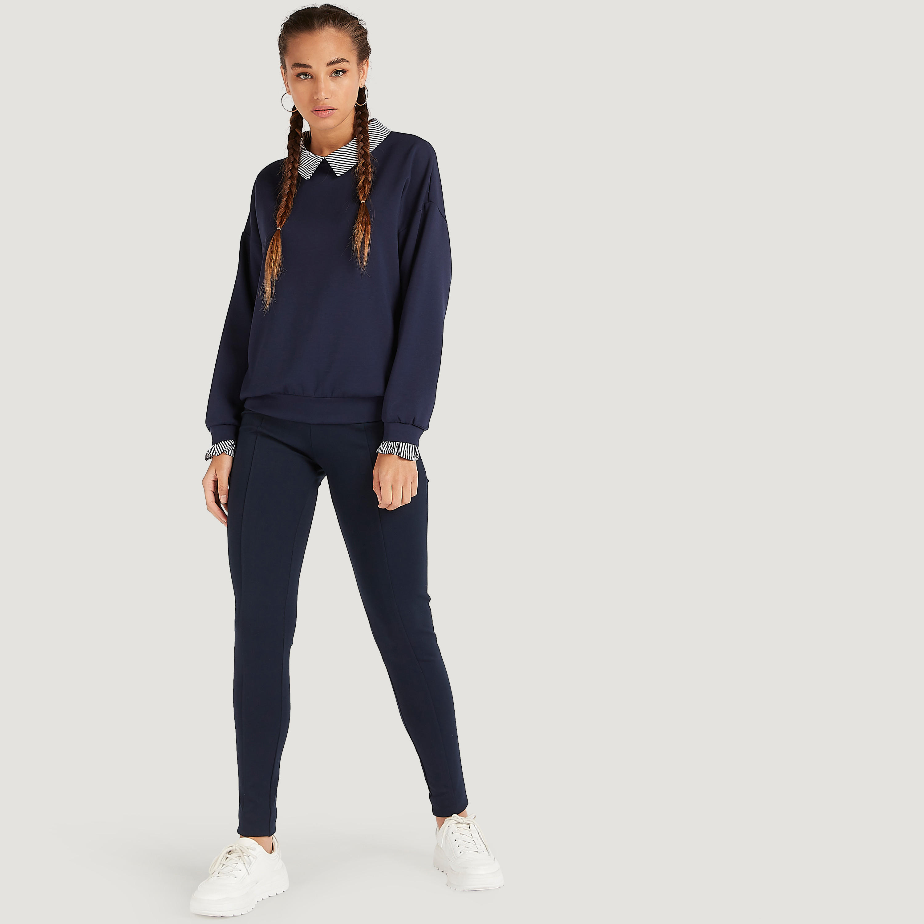 Solid Top with Striped Collar and Long Sleeves-women-clothing-shirtsandblouses-blouses-image-2