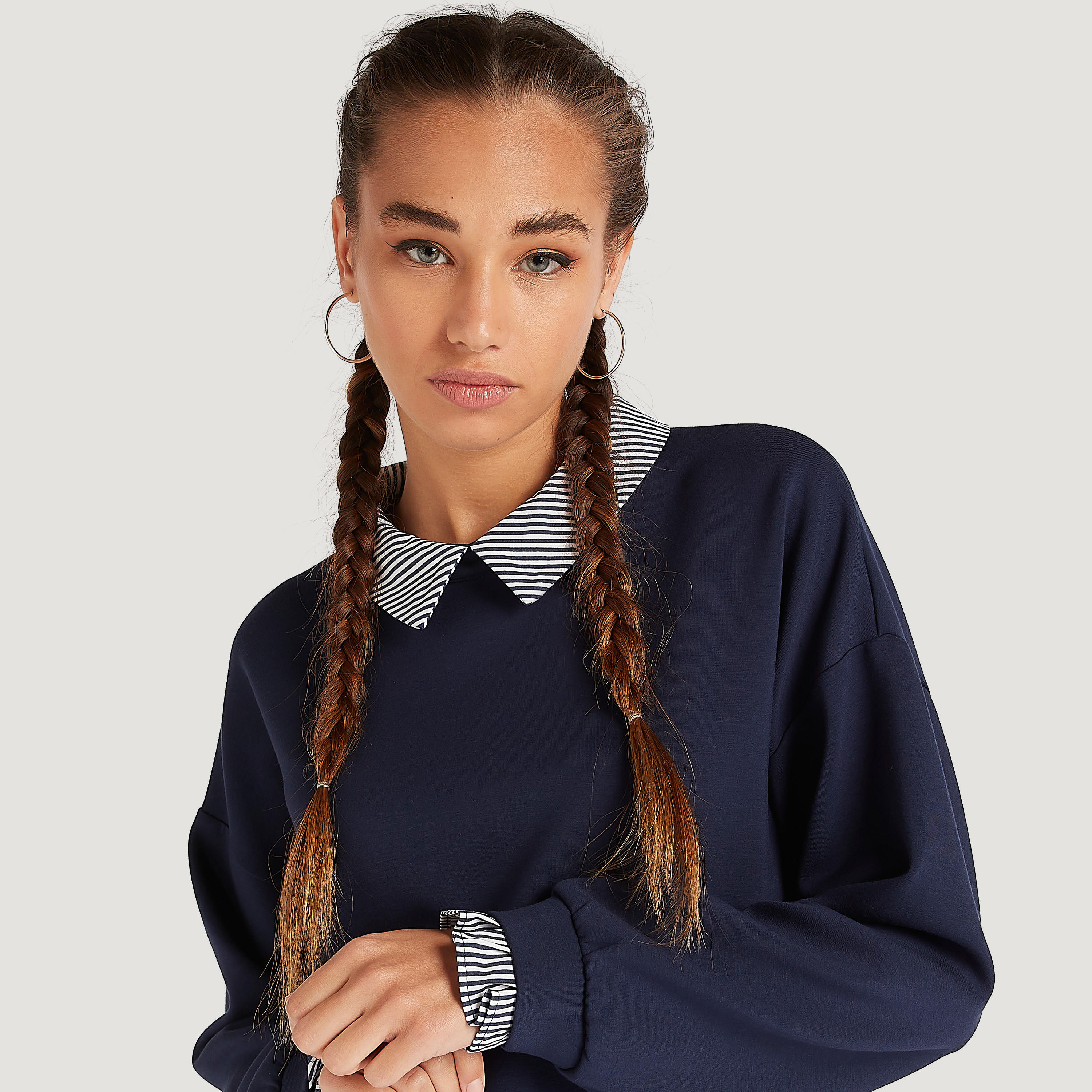 Solid Top with Striped Collar and Long Sleeves-women-clothing-shirtsandblouses-blouses-image-3