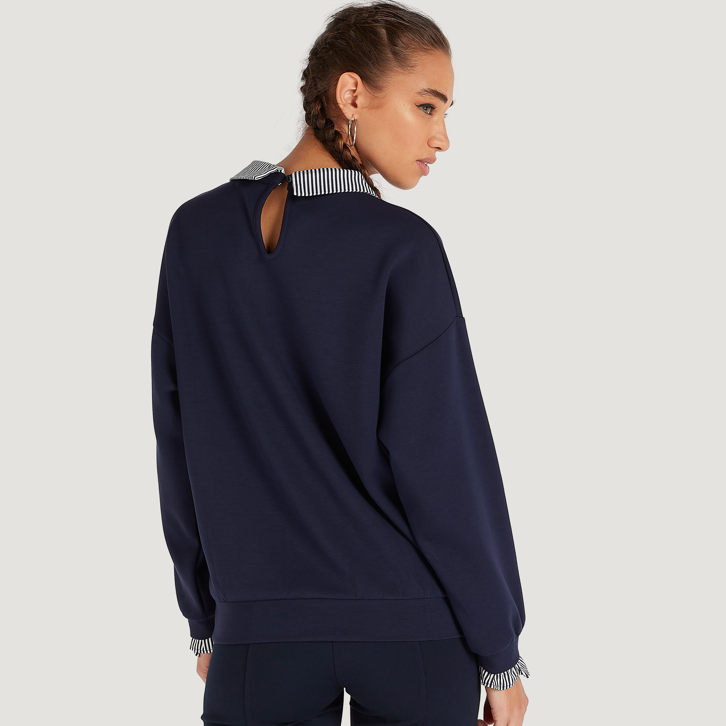 Solid Top with Striped Collar and Long Sleeves-women-clothing-shirtsandblouses-blouses-image-4