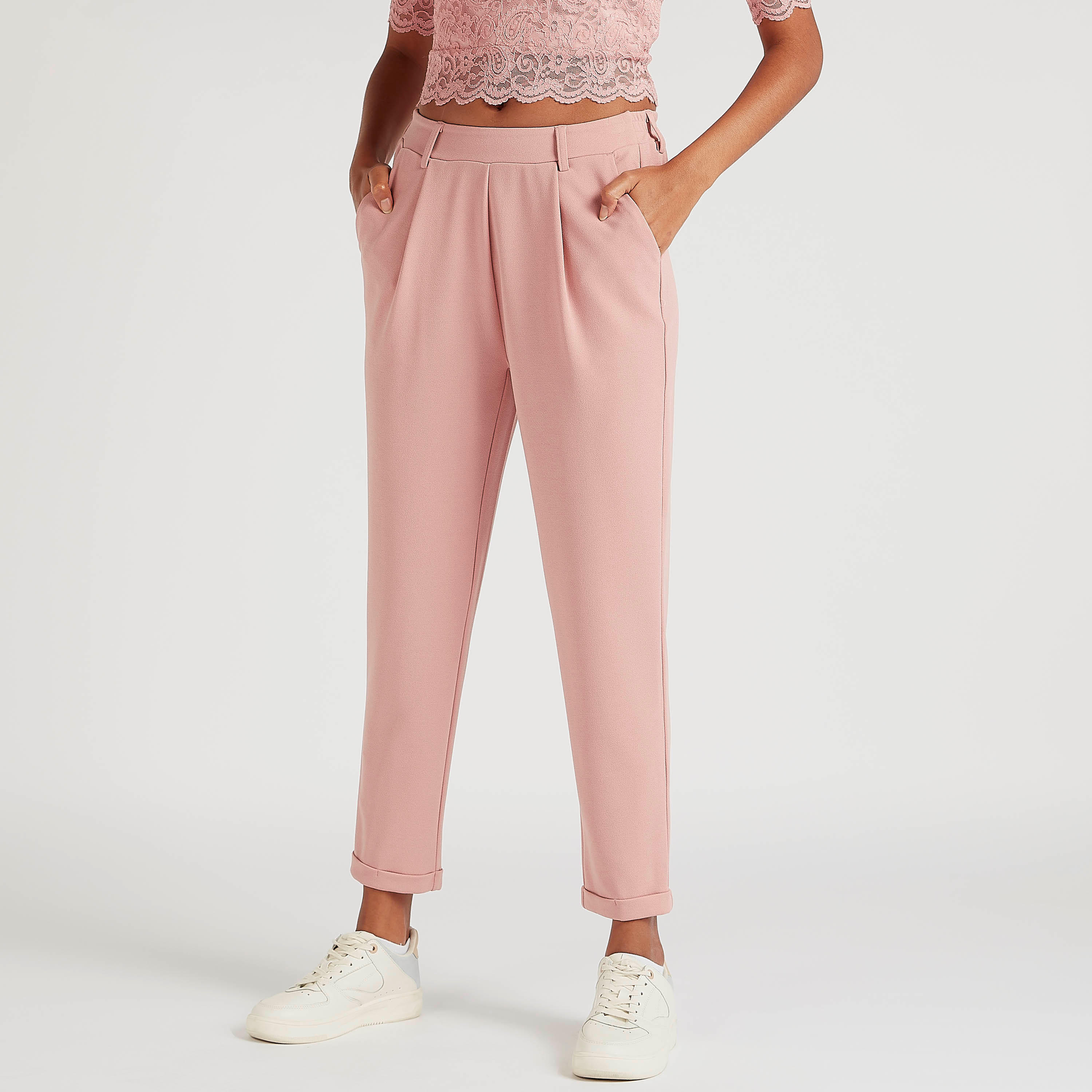 Solid Mid Rise Trousers with Semi-Elasticated Waist and Pockets-women-clothing-bottoms-trousers-image-1