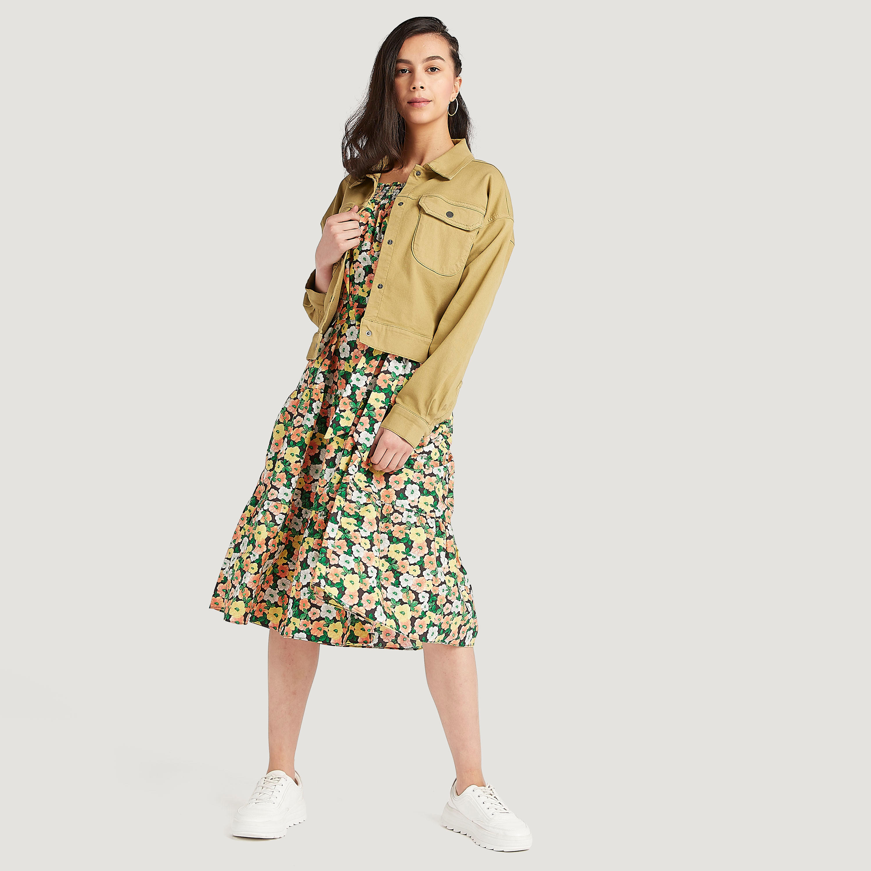 فستان ميدي إيه لاين بطبعات أزهار وأكمام قصيرة منفوخة-women-clothing-dresses-image-2