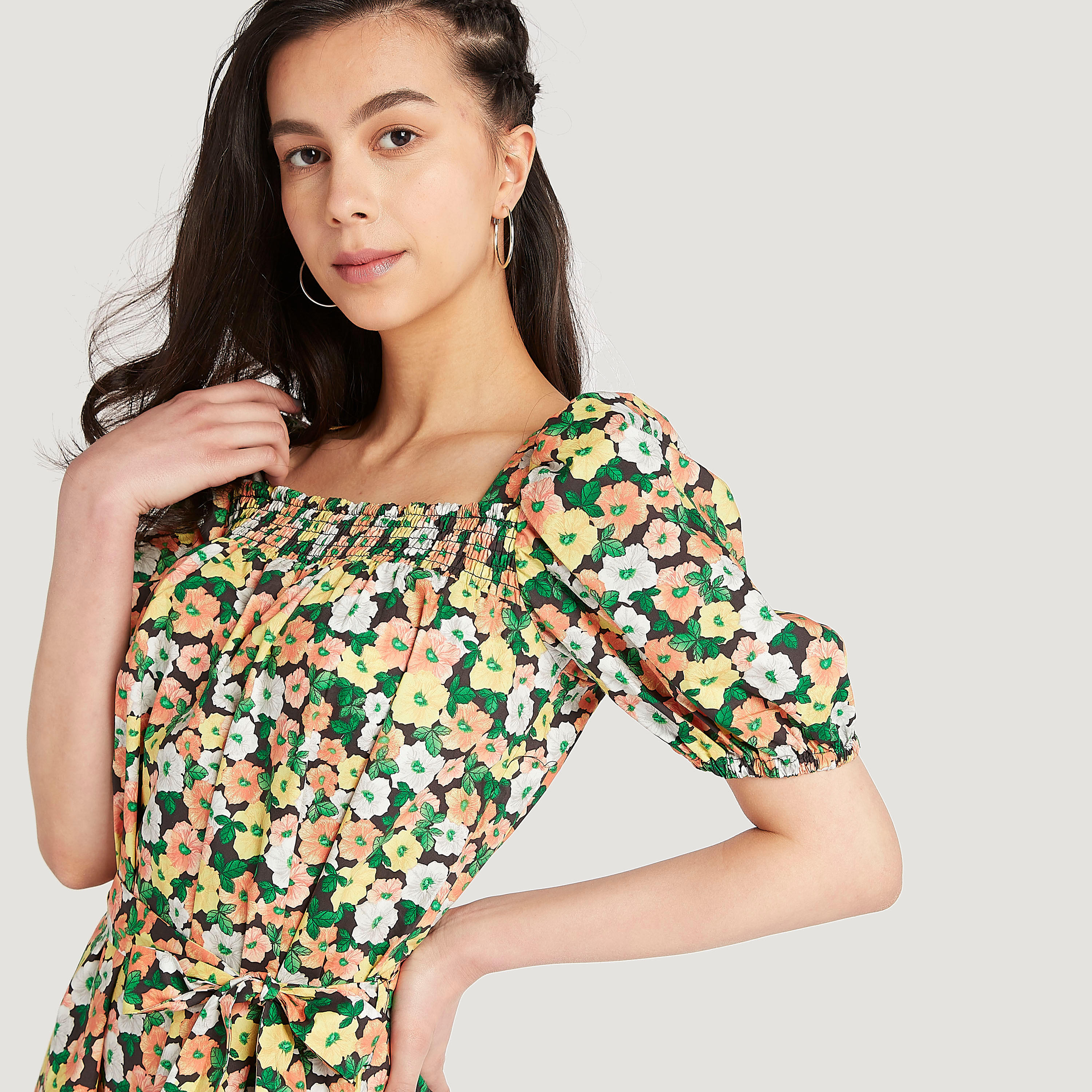 فستان ميدي إيه لاين بطبعات أزهار وأكمام قصيرة منفوخة-women-clothing-dresses-image-3