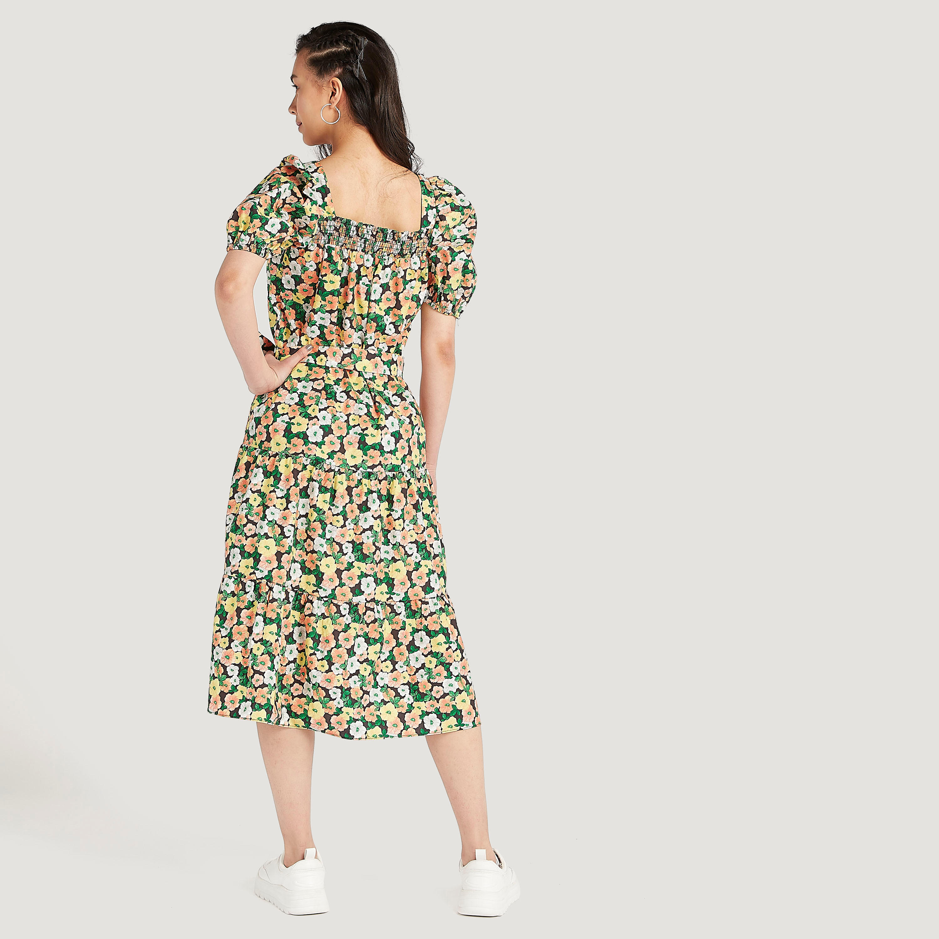 فستان ميدي إيه لاين بطبعات أزهار وأكمام قصيرة منفوخة-women-clothing-dresses-image-4