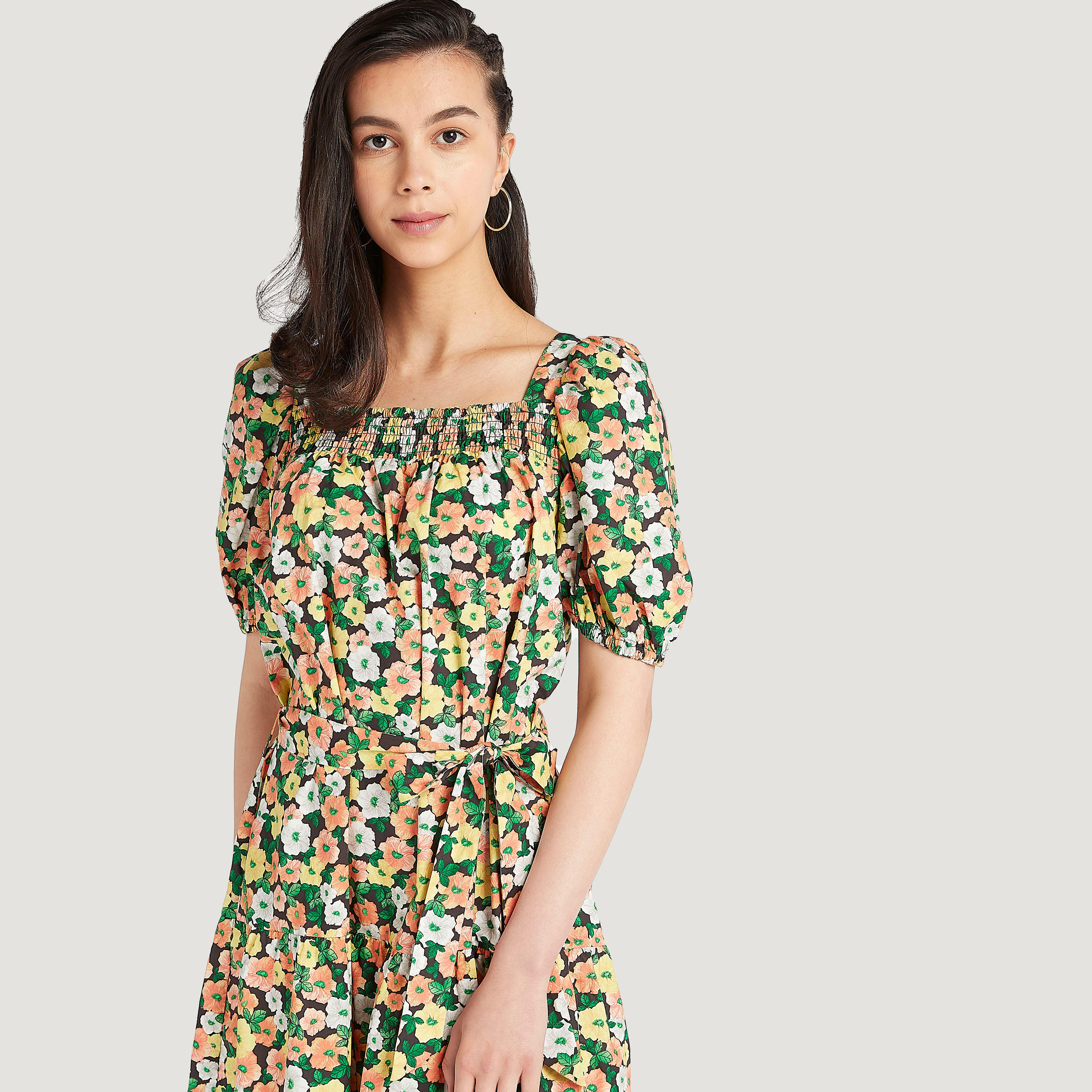 فستان ميدي إيه لاين بطبعات أزهار وأكمام قصيرة منفوخة-women-clothing-dresses-image-5