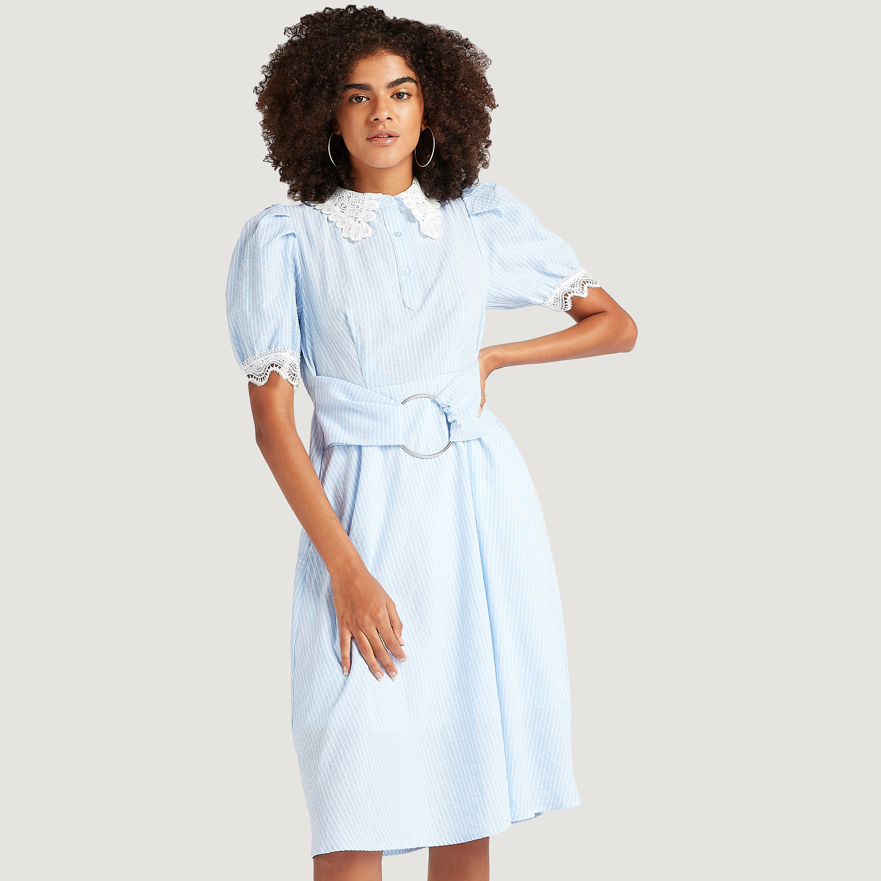 Striped Midi A-line Belted Dress with Lace Collar and Puff Sleeves-women-clothing-dresses-image-1