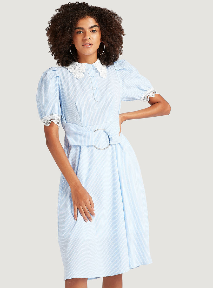 Striped Midi A-line Belted Dress with Lace Collar and Puff Sleeves-women-clothing-dresses-image-1