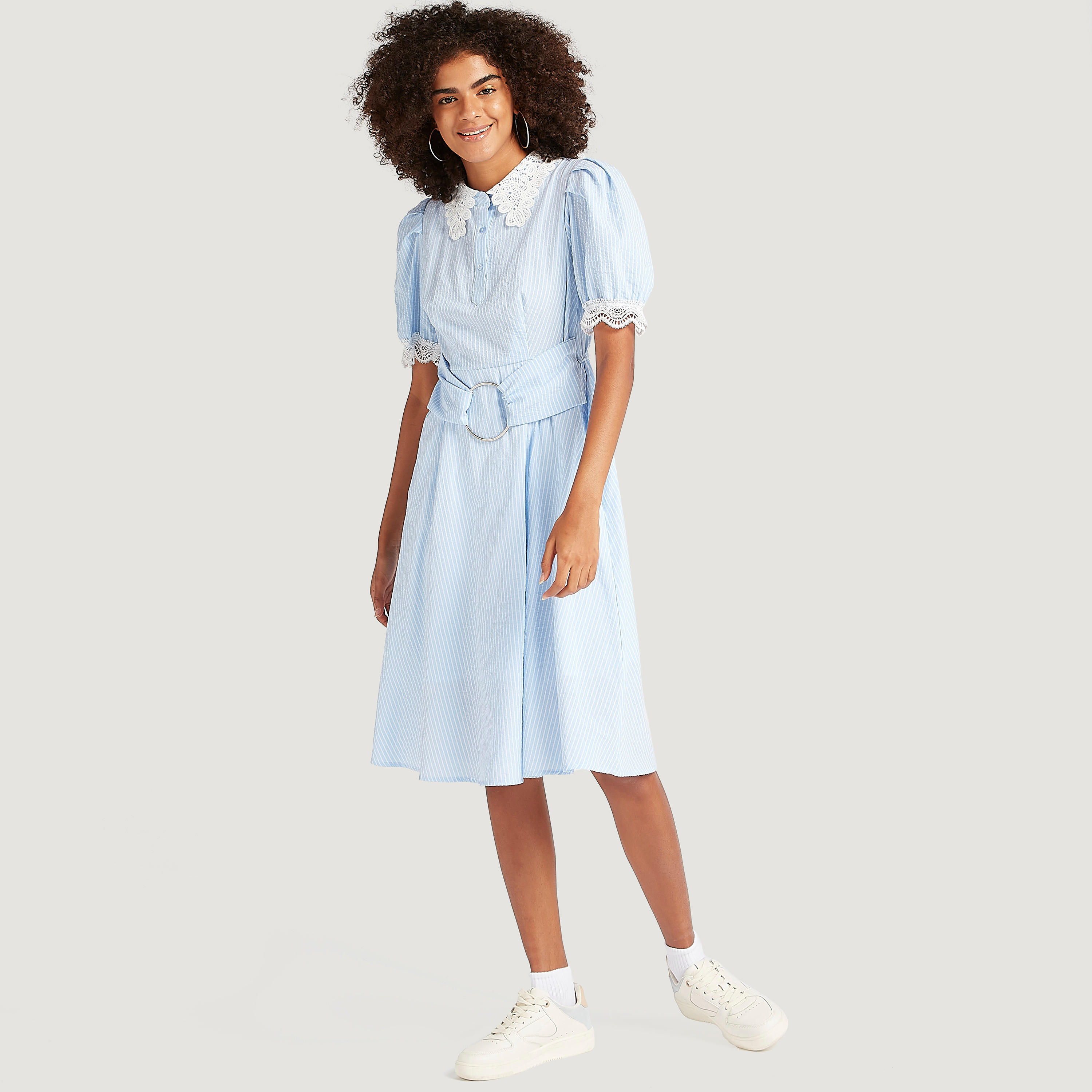 Striped Midi A-line Belted Dress with Lace Collar and Puff Sleeves-women-clothing-dresses-image-2