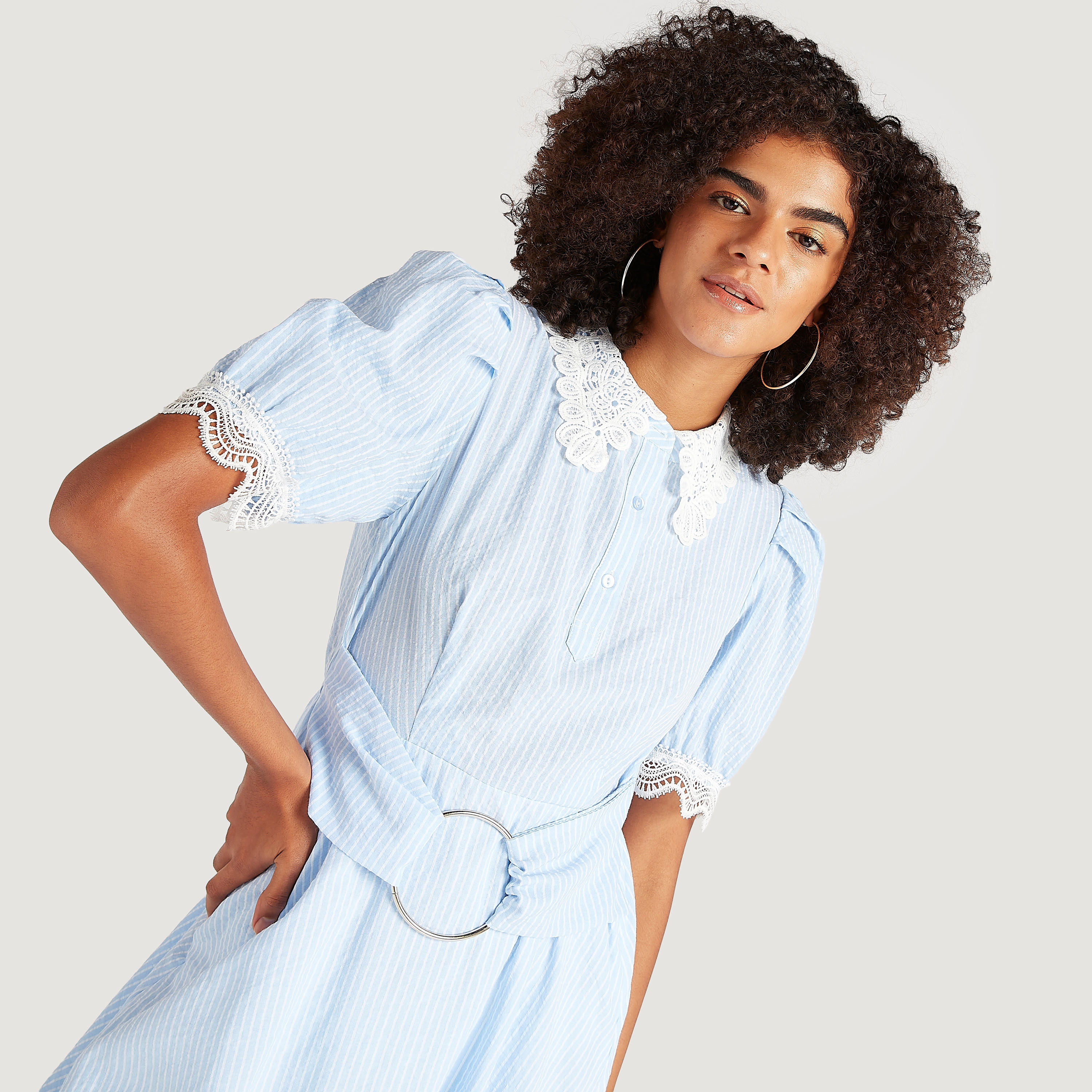 Striped Midi A-line Belted Dress with Lace Collar and Puff Sleeves-women-clothing-dresses-image-3