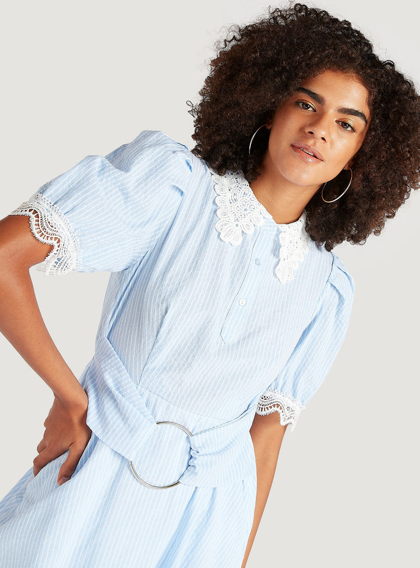 Striped Midi A-line Belted Dress with Lace Collar and Puff Sleeves-women-clothing-dresses-image-3