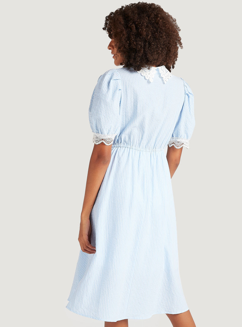 Striped Midi A-line Belted Dress with Lace Collar and Puff Sleeves-women-clothing-dresses-image-4