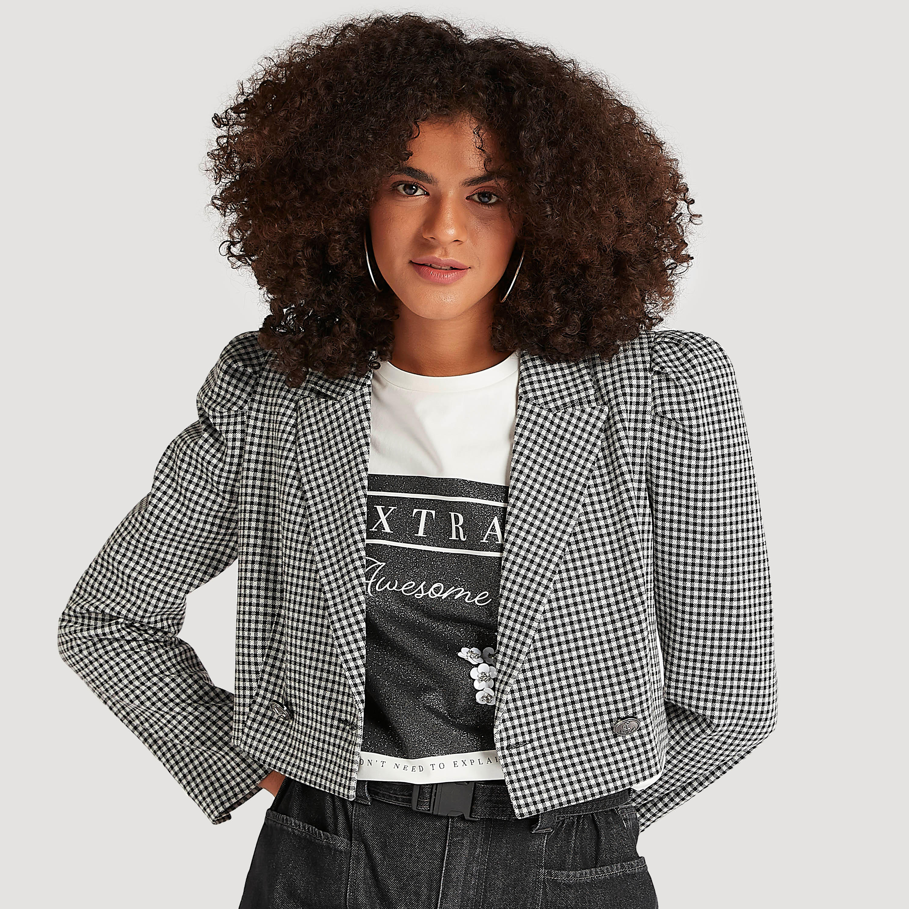 Checked Lightweight Jacket with Notched Lapel and Puff Sleeves-women-winterwear-coatsandjackets-jackets-image-1