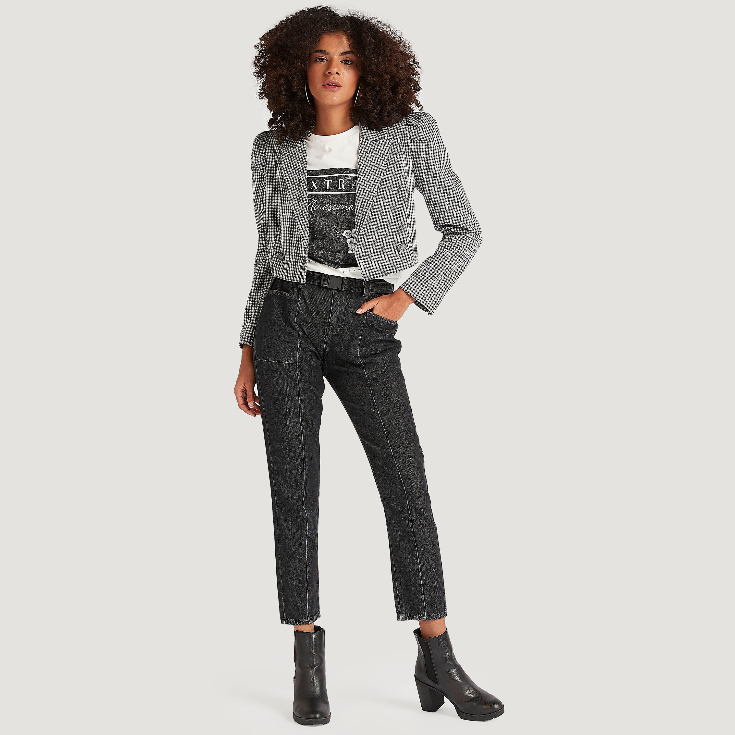Checked Lightweight Jacket with Notched Lapel and Puff Sleeves-women-winterwear-coatsandjackets-jackets-image-2