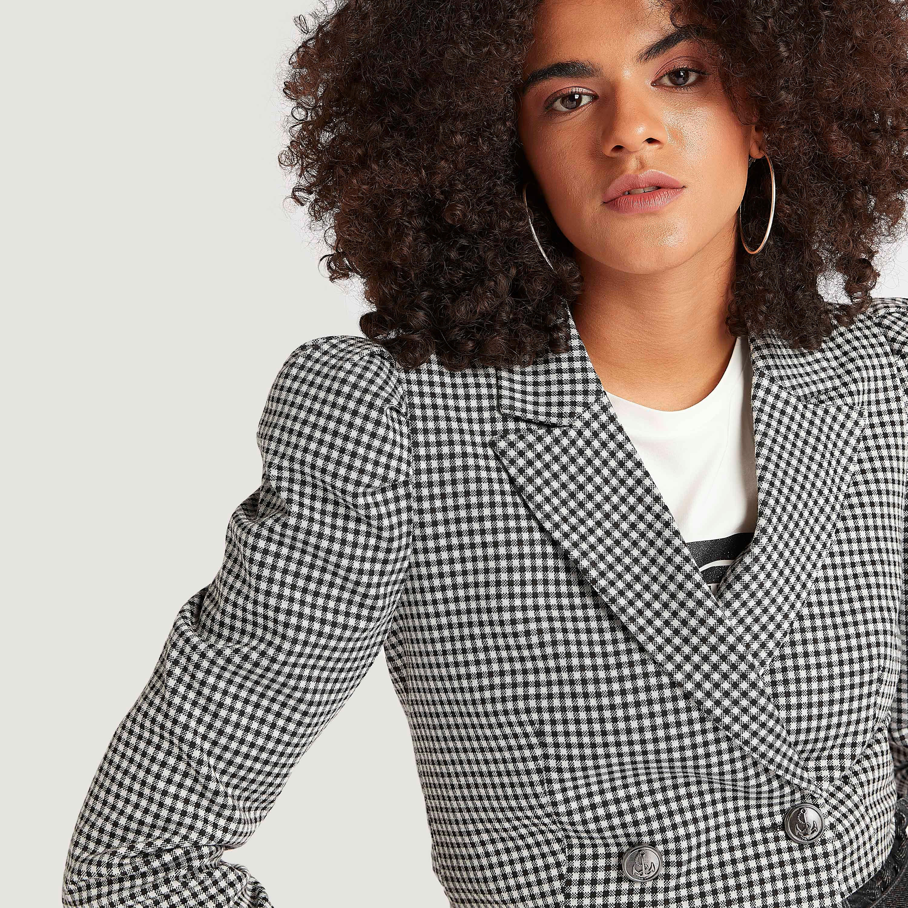 Checked Lightweight Jacket with Notched Lapel and Puff Sleeves-women-winterwear-coatsandjackets-jackets-image-3