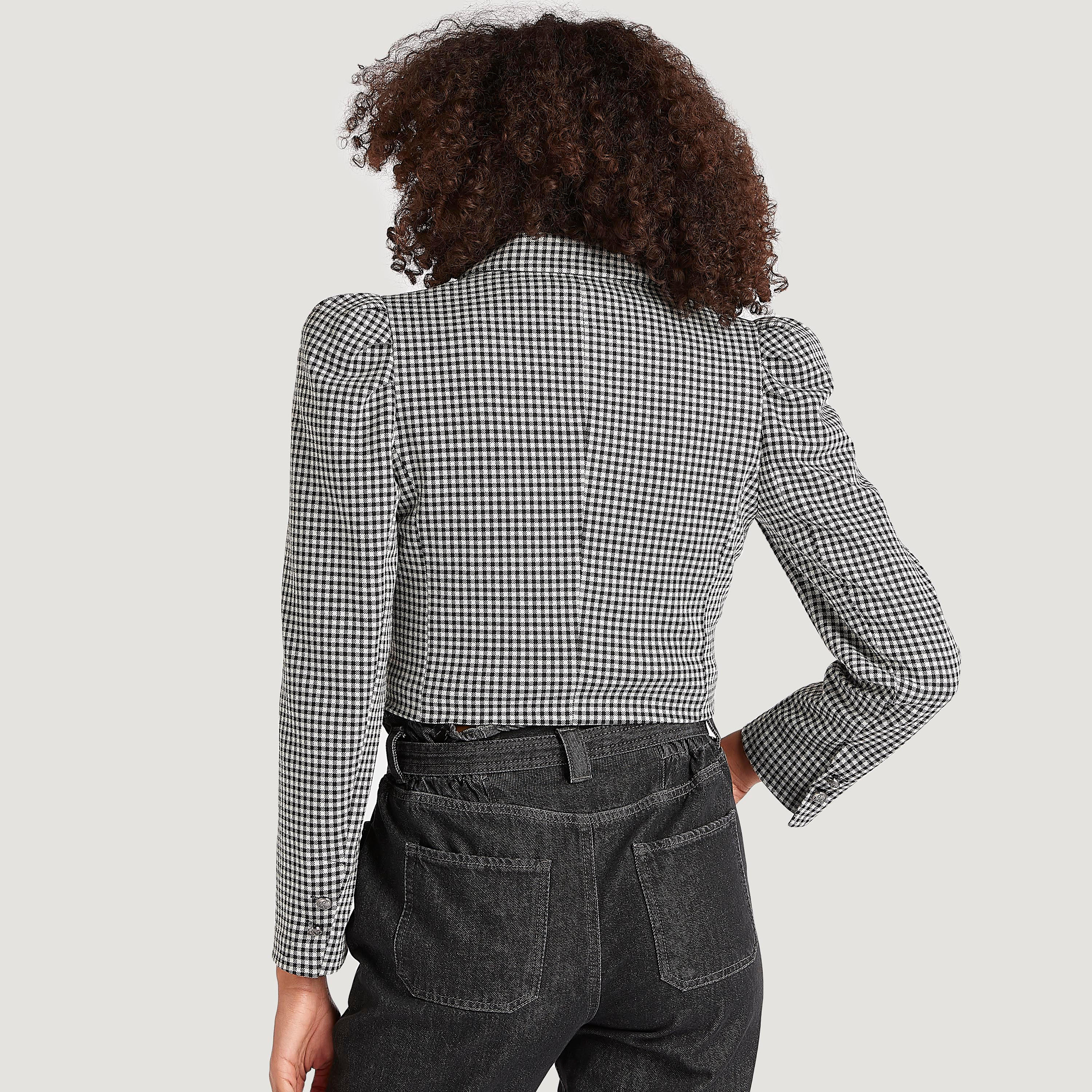 Checked Lightweight Jacket with Notched Lapel and Puff Sleeves-women-winterwear-coatsandjackets-jackets-image-4