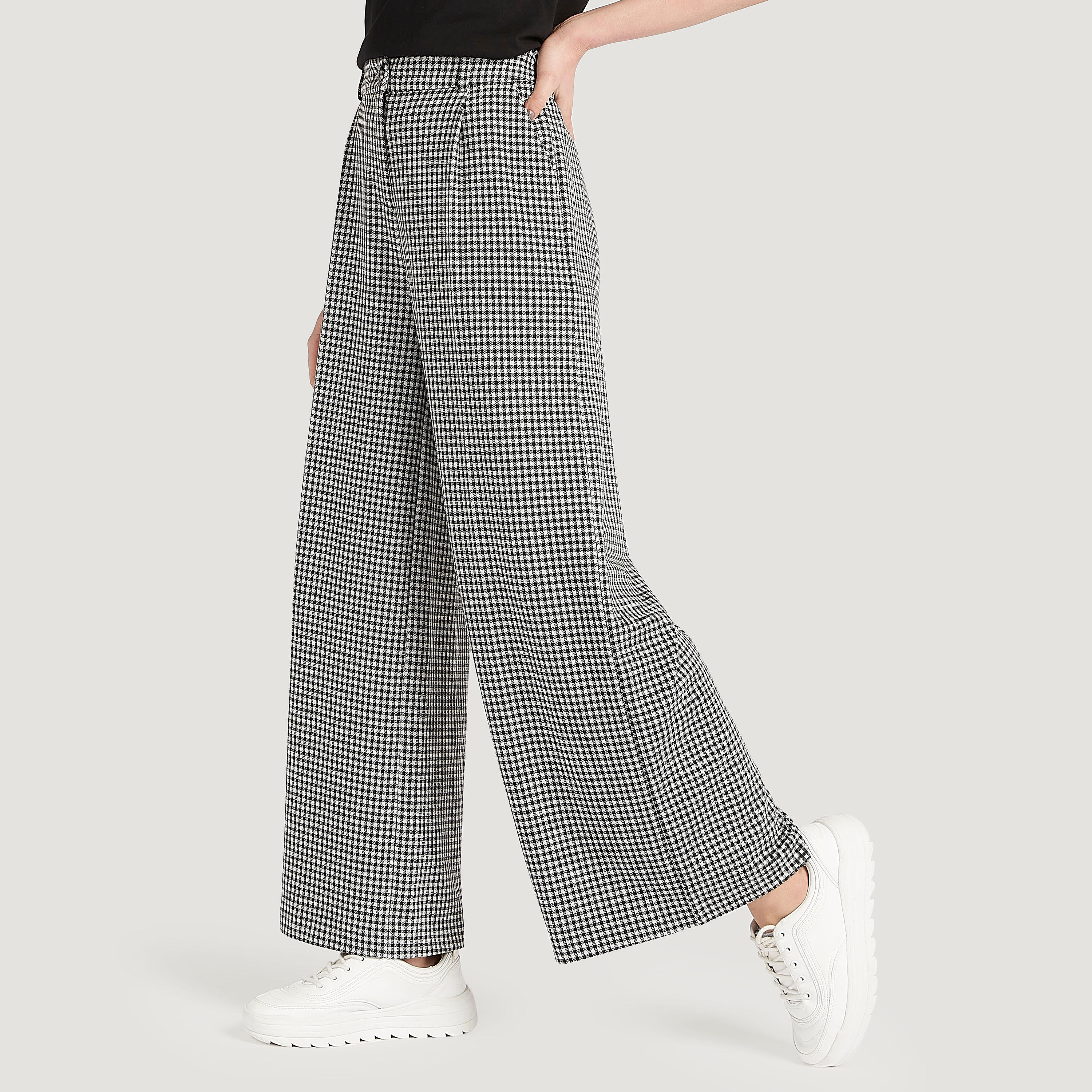 Checked Mid-Rise Palazzo Pants with Button Closure and Pockets-women-clothing-bottoms-trousers-image-1