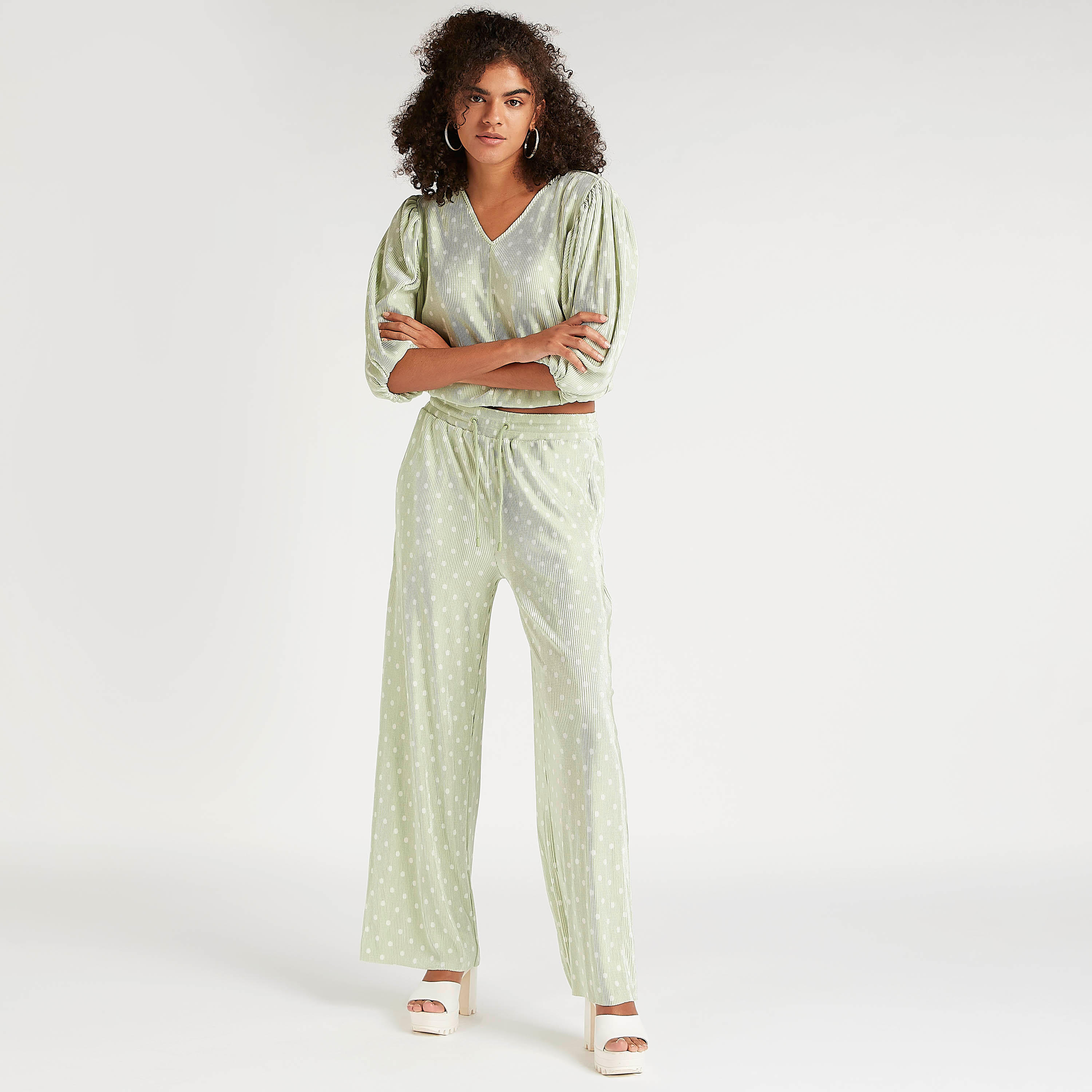 بنطلون منقّط بخصر متوسط الارتفاع برباط مطّاطي-women-clothing-bottoms-trousers-image-6
