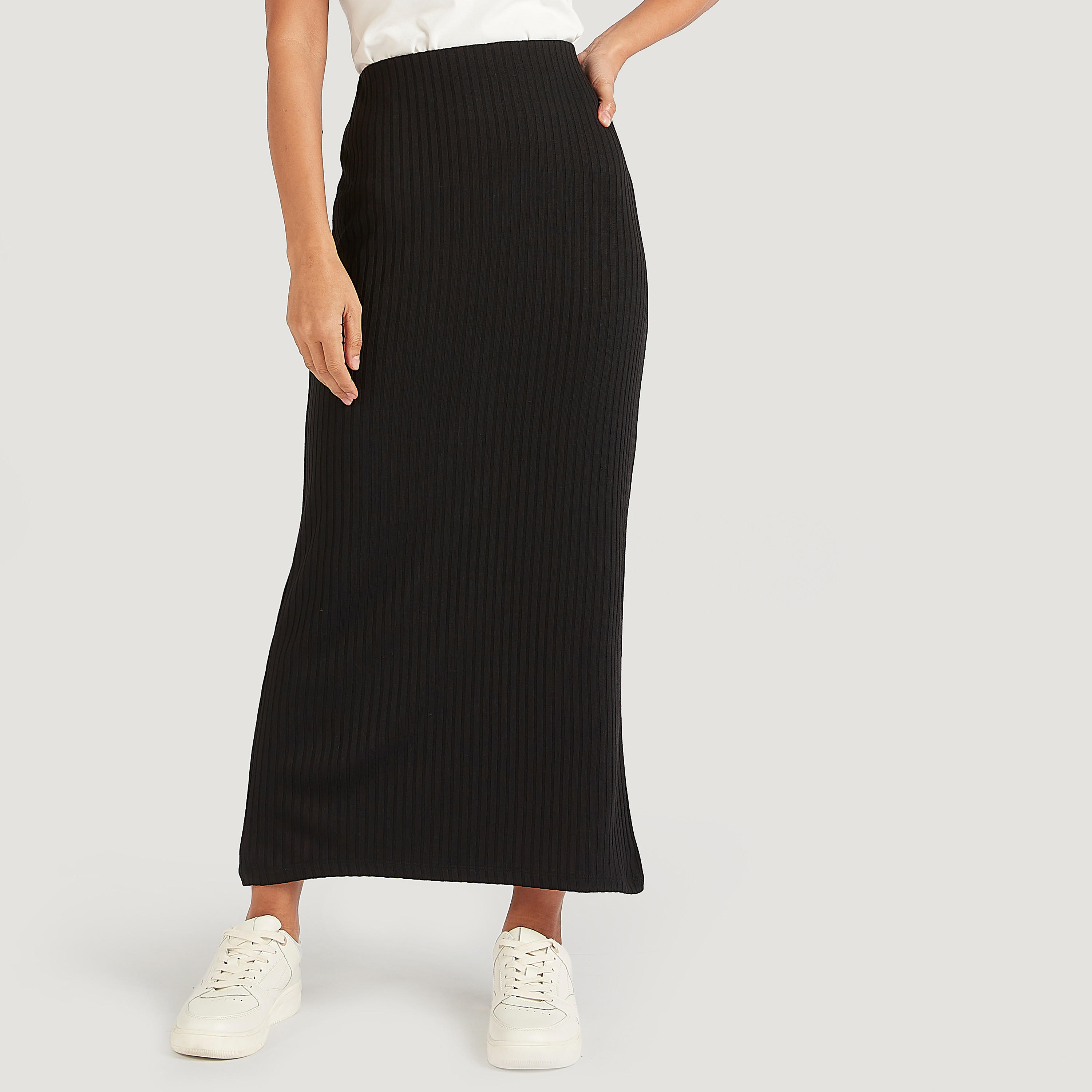 تنورة ضيقة طويلة بارزة الملمس بخصر مطاطي-women-clothing-bottoms-skirts-image-1