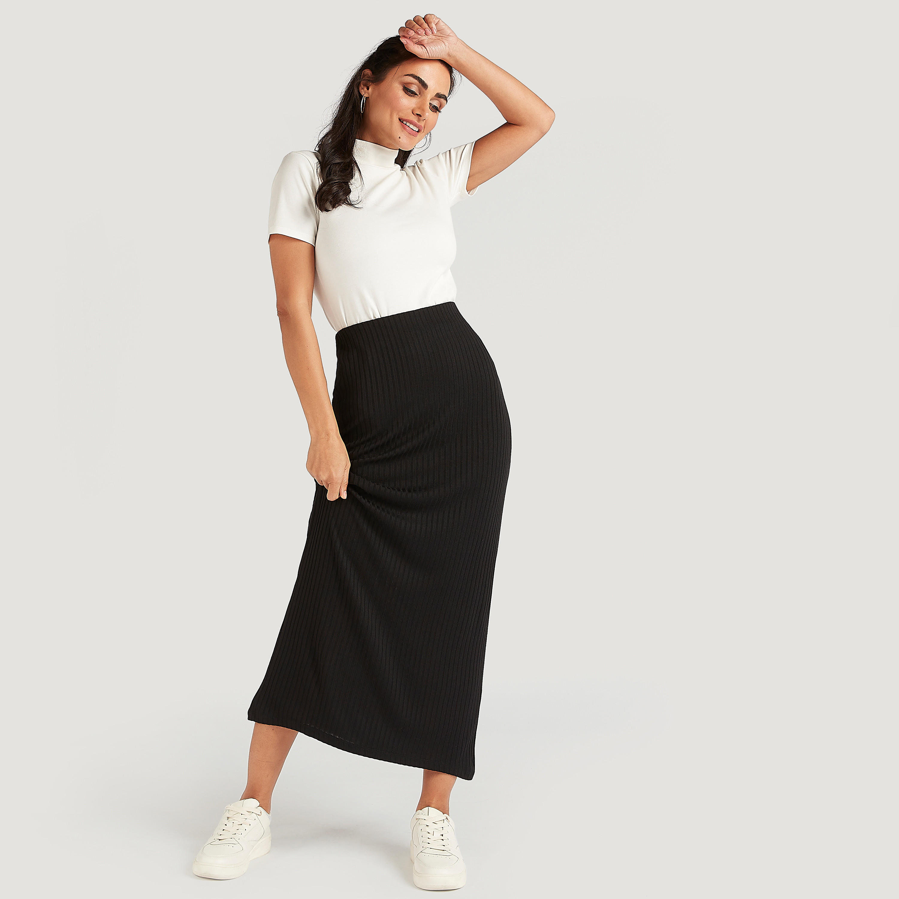 تنورة ضيقة طويلة بارزة الملمس بخصر مطاطي-women-clothing-bottoms-skirts-image-2
