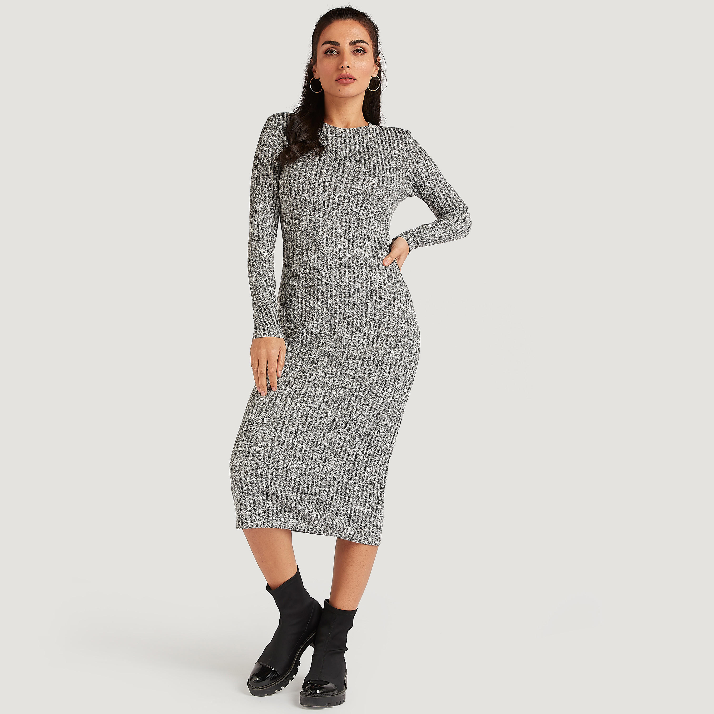 فستان بارز الملمس ميدي بقصّة ضيّقة وأكمام طويلة-women-clothing-dresses-image-1