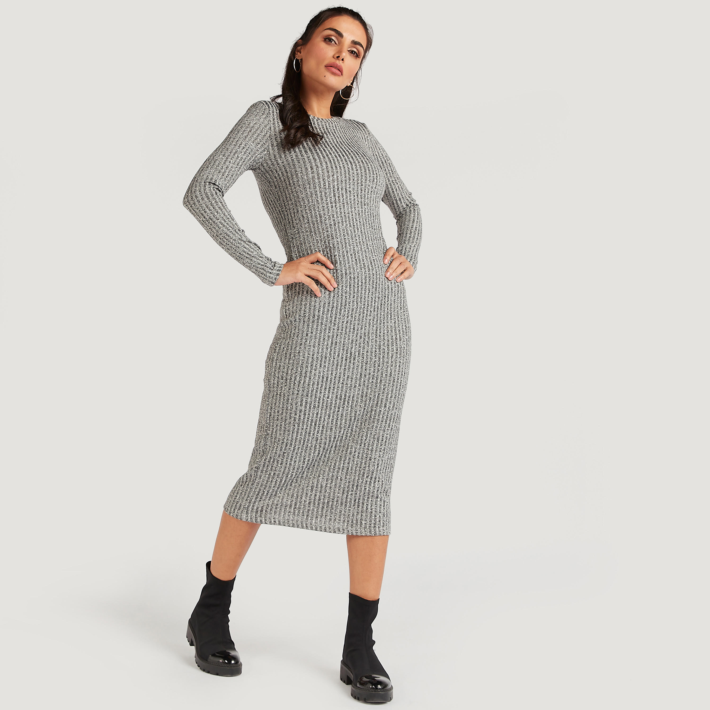 فستان بارز الملمس ميدي بقصّة ضيّقة وأكمام طويلة-women-clothing-dresses-image-2