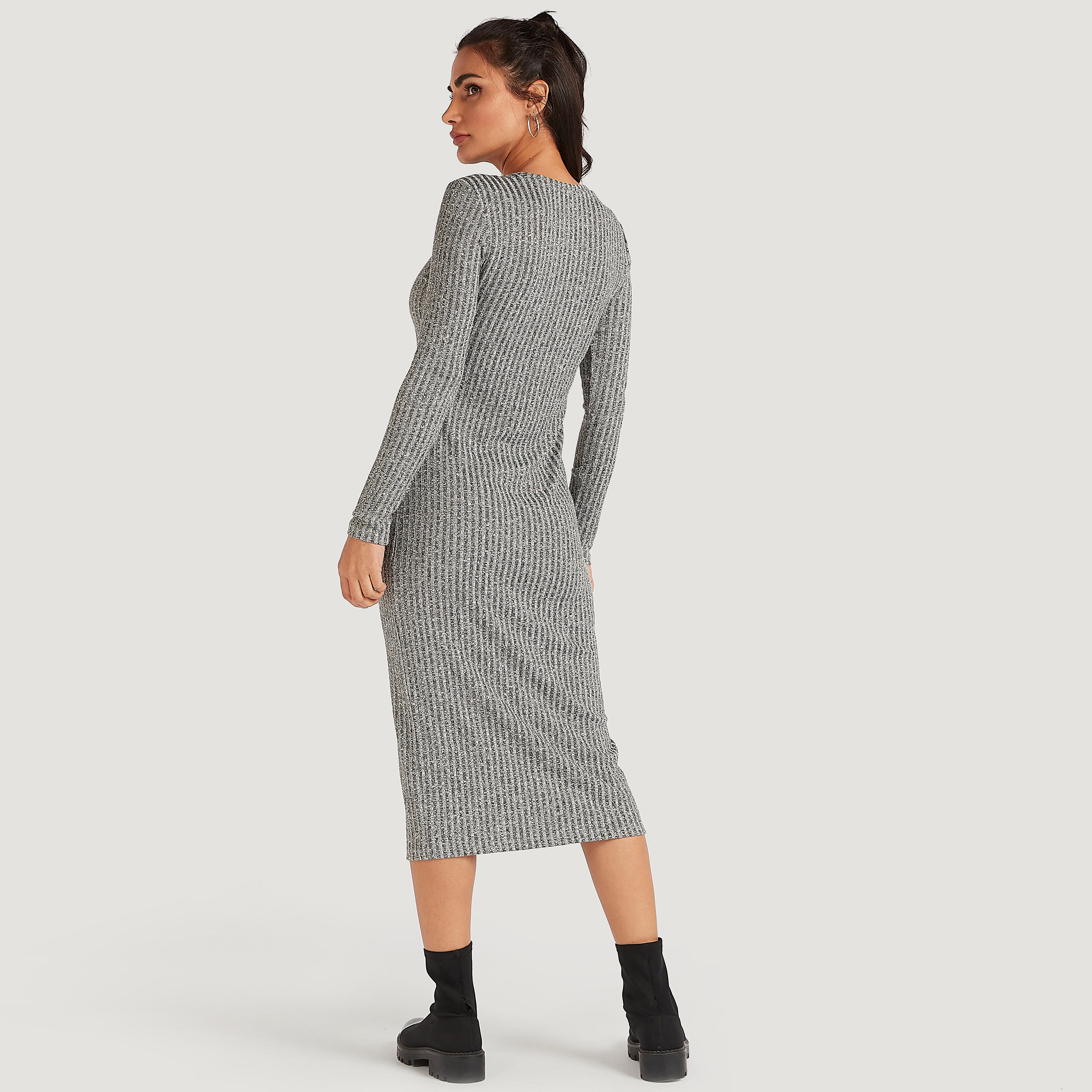 فستان بارز الملمس ميدي بقصّة ضيّقة وأكمام طويلة-women-clothing-dresses-image-4