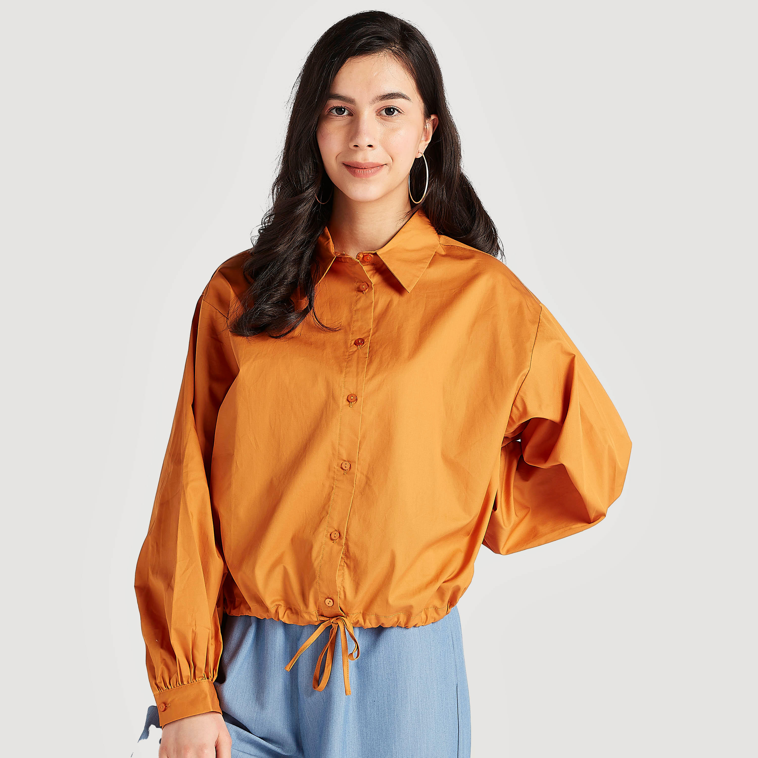 Solid Button Up Shirt with Bishop Sleeves and Drawstring Hem-women-clothing-shirtsandblouses-shirts-image-1