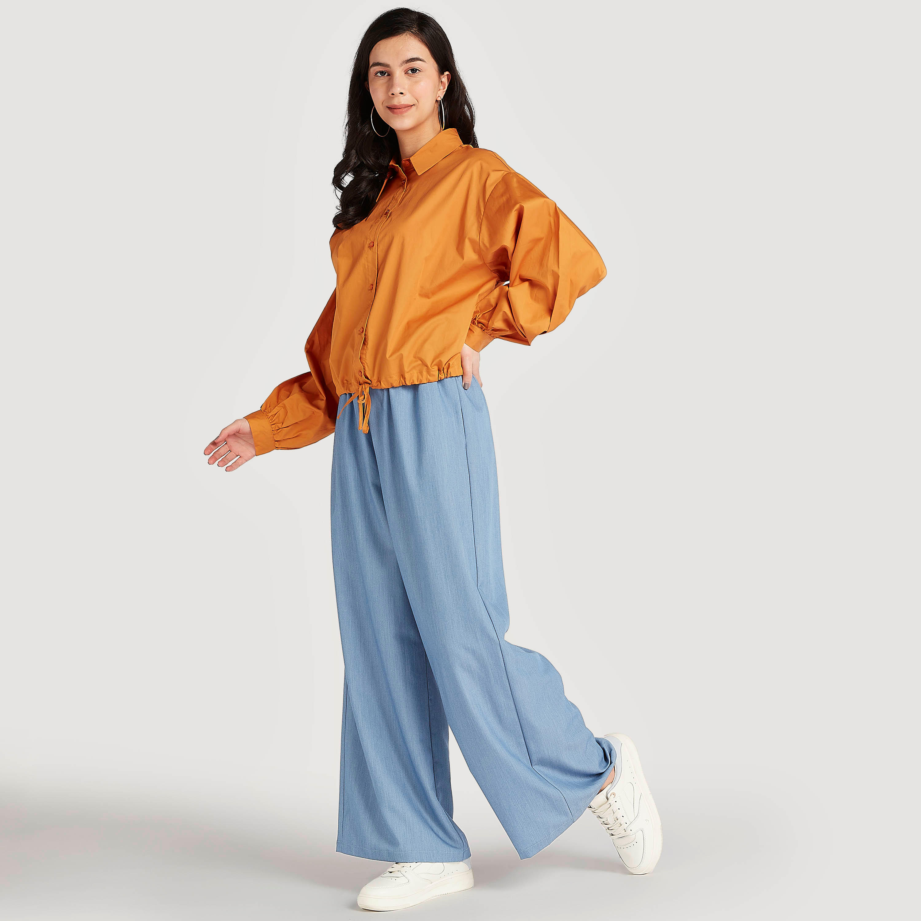 Solid Button Up Shirt with Bishop Sleeves and Drawstring Hem-women-clothing-shirtsandblouses-shirts-image-2