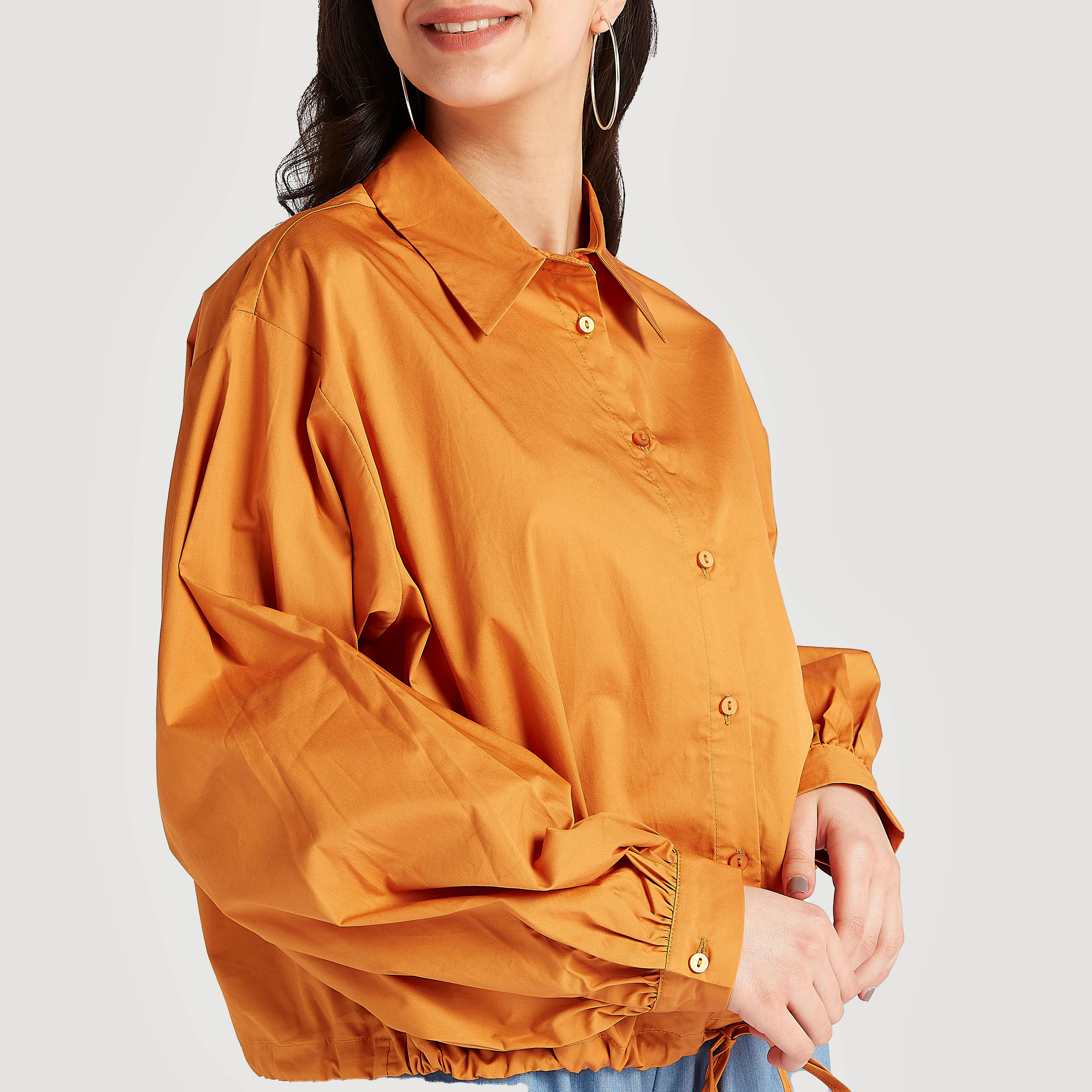 Solid Button Up Shirt with Bishop Sleeves and Drawstring Hem-women-clothing-shirtsandblouses-shirts-image-3