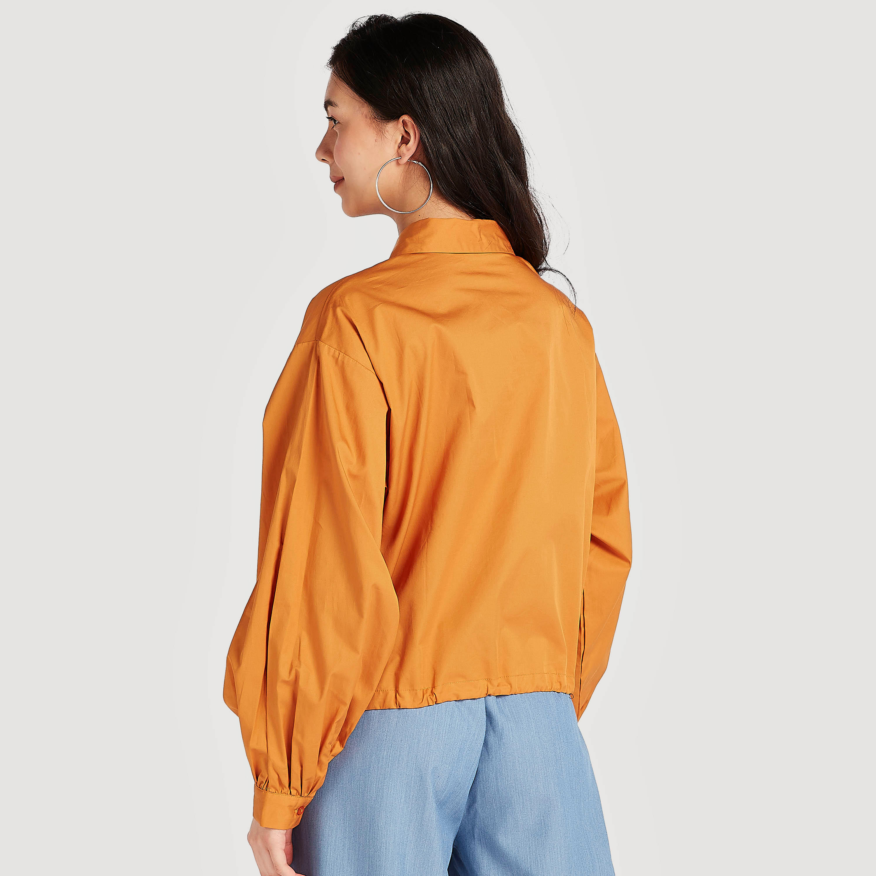 Solid Button Up Shirt with Bishop Sleeves and Drawstring Hem-women-clothing-shirtsandblouses-shirts-image-4