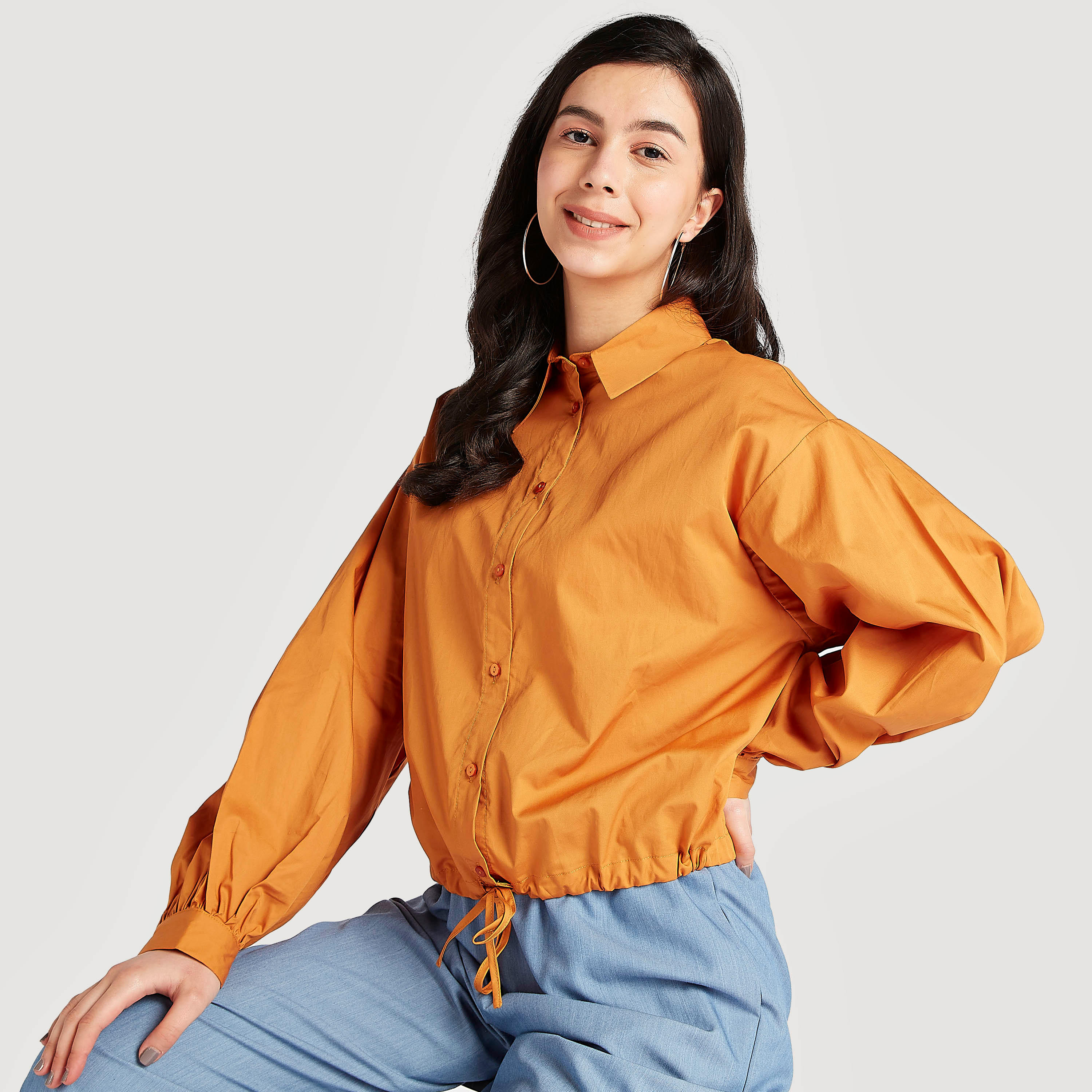 Solid Button Up Shirt with Bishop Sleeves and Drawstring Hem-women-clothing-shirtsandblouses-shirts-image-5