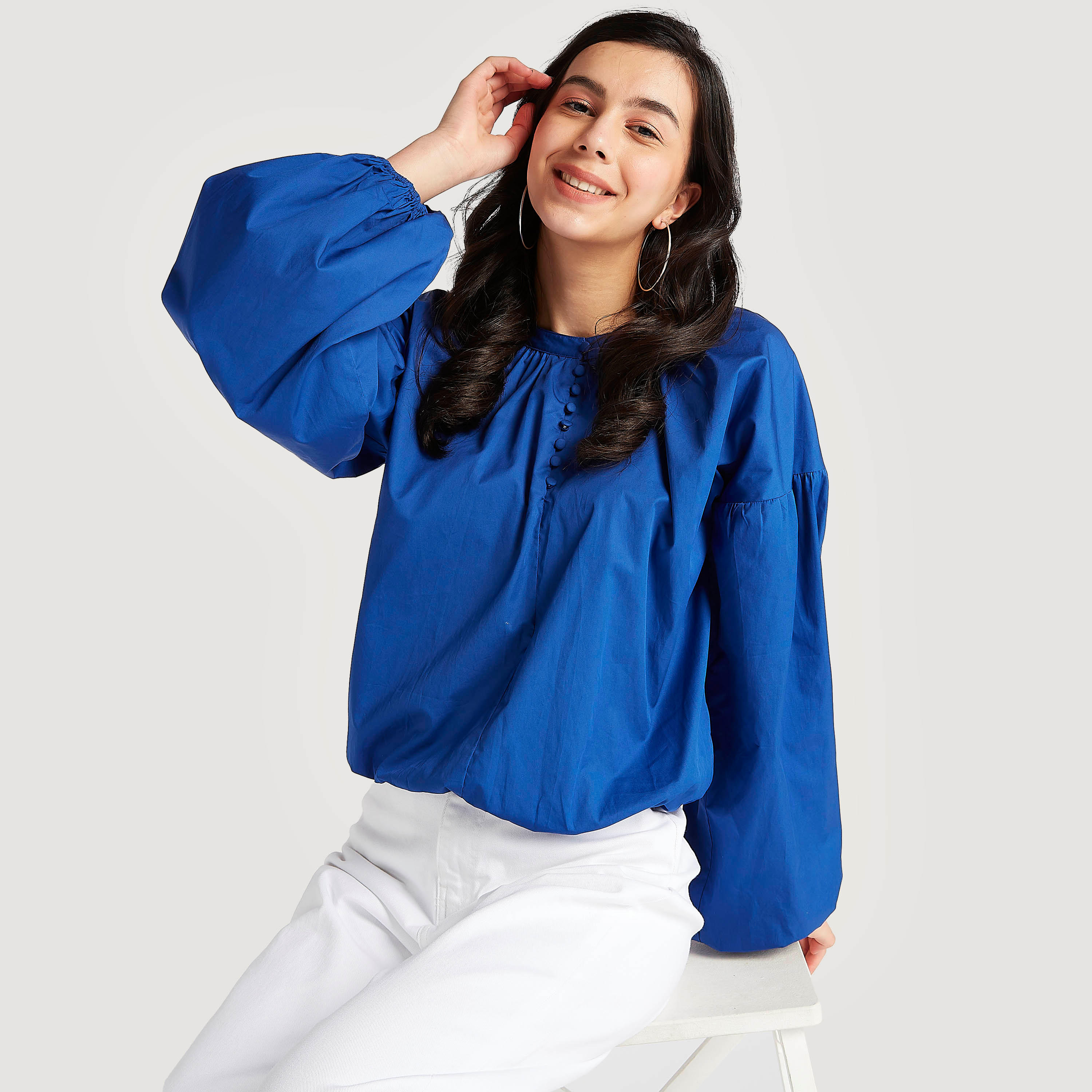 بلوزة بارزة الملمس بأكمام بيشوب وأزرار إغلاق-women-clothing-shirtsandblouses-blouses-image-5