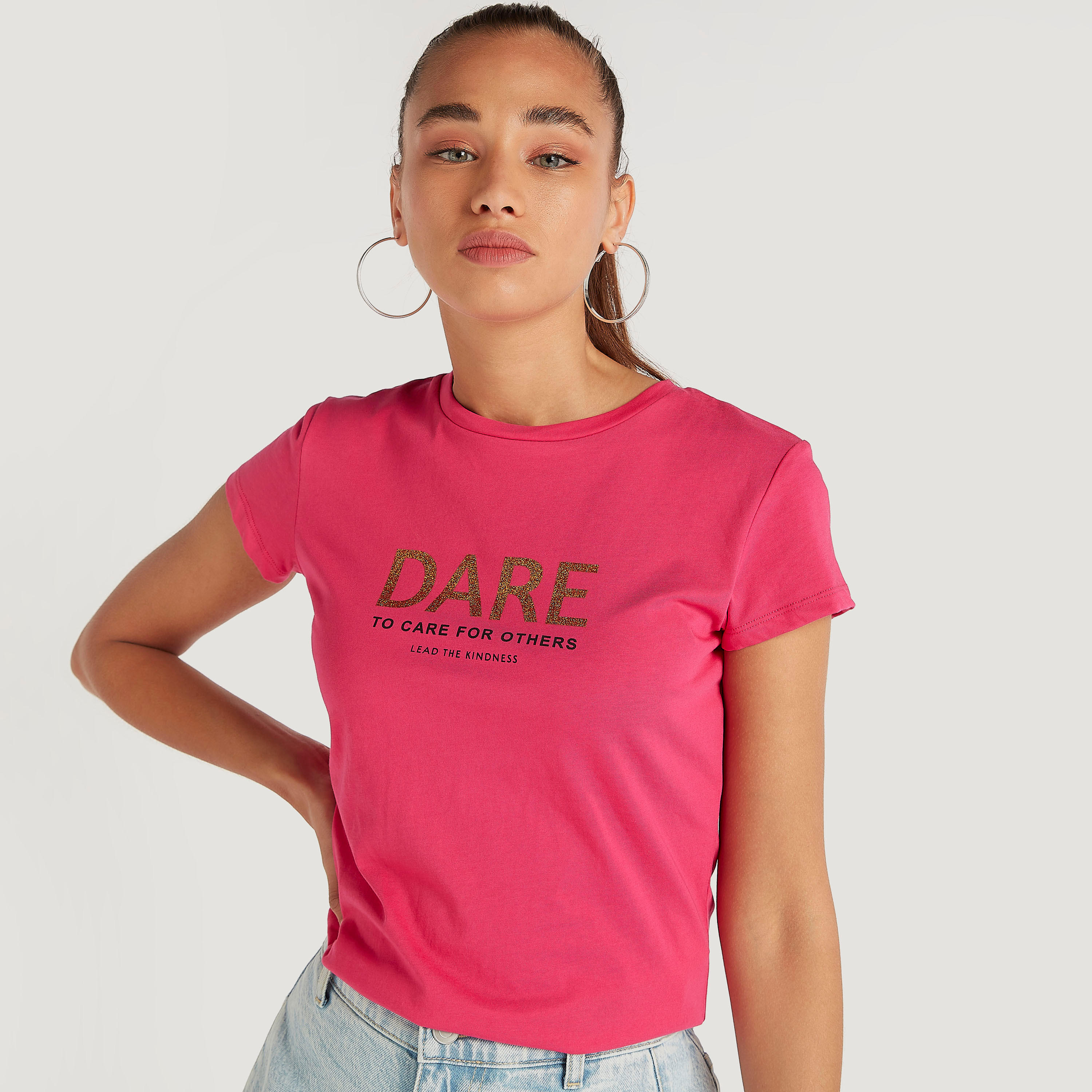 Slogan Print T-shirt with Crew Neck and Cap Sleeves-women-clothing-tshirts-image-1