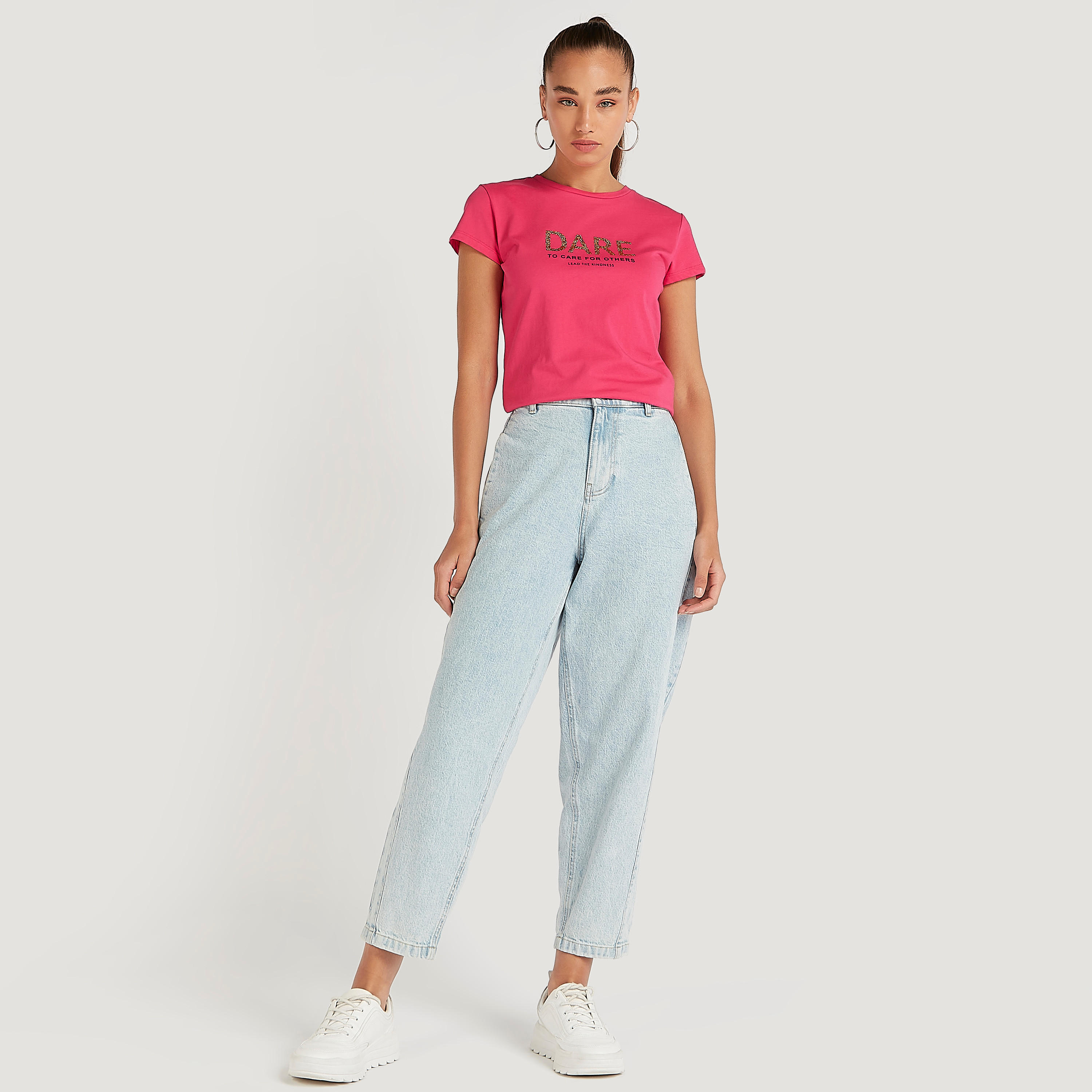 Slogan Print T-shirt with Crew Neck and Cap Sleeves-women-clothing-tshirts-image-2
